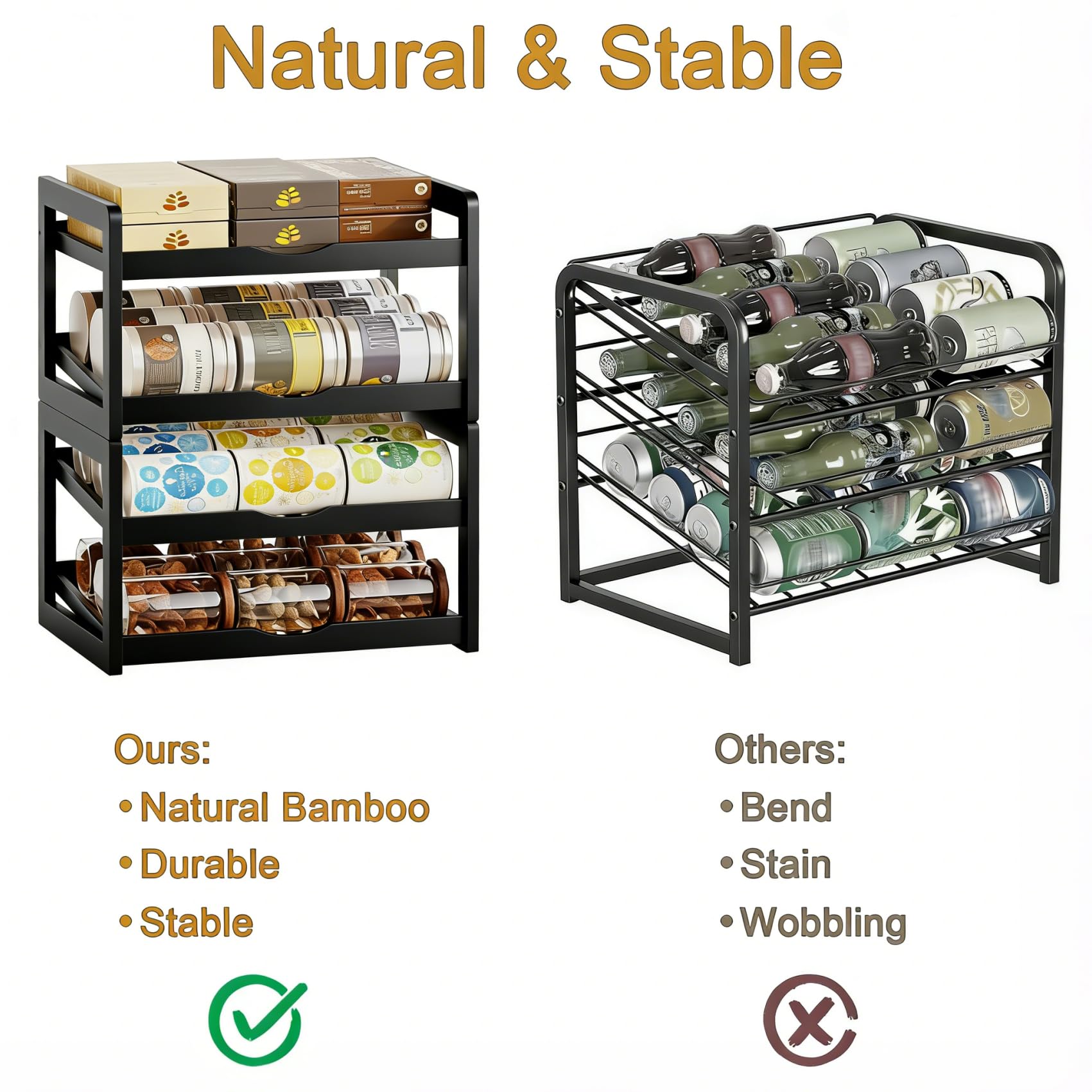 BAMBANG Organizador de latas para despensa, estante de almacenamiento de latas apilable de bambú desmontable de 4 niveles, dispensador de latas de refresco rodante para gabinete, capacidad para hasta