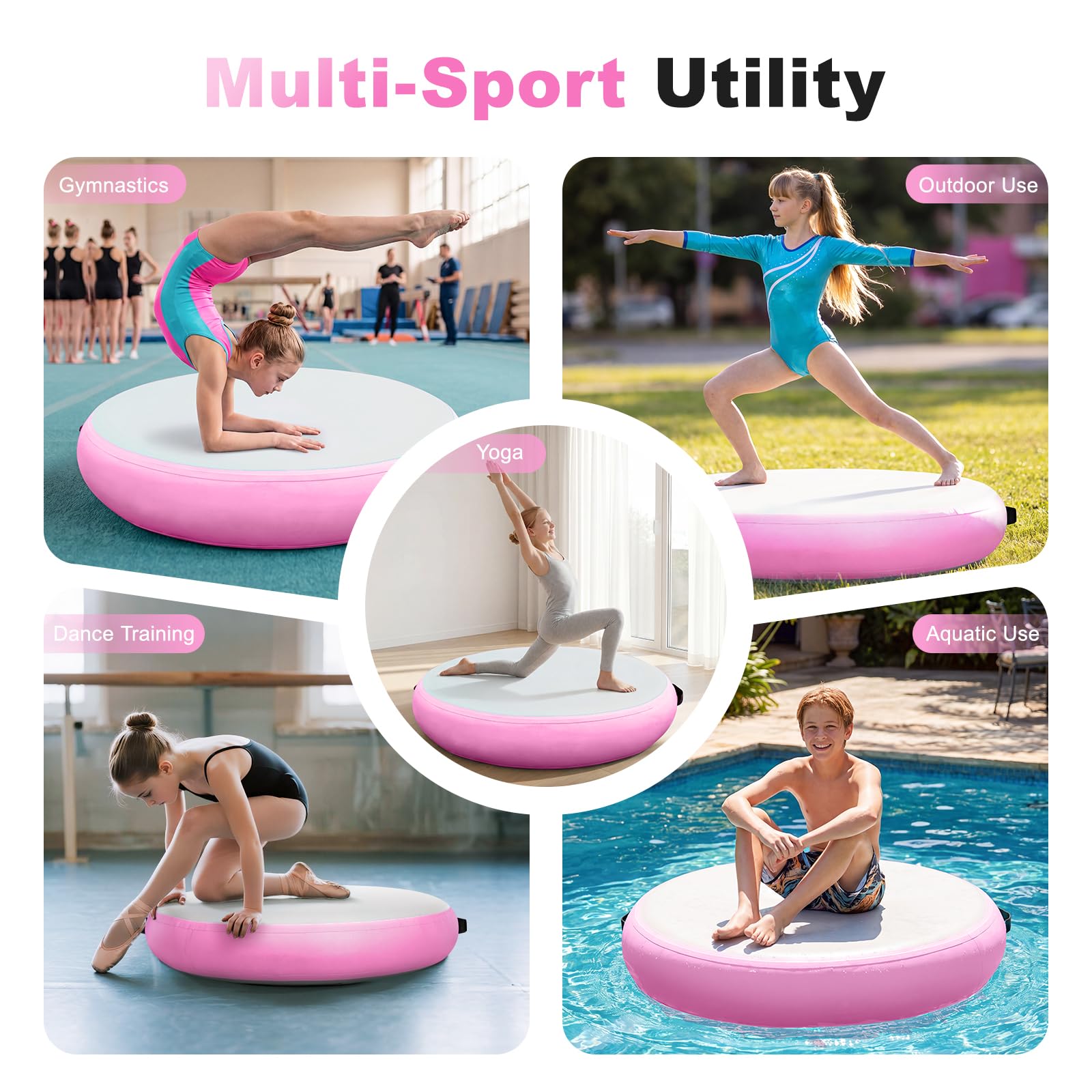 Matte Airspot, rundes Luftkissen 20 cm hoch, Durchmesser 100/140 cm, mit 600W Pumpe und Reparatur-Set, für Yoga/Cheerleading/Fitness/Training