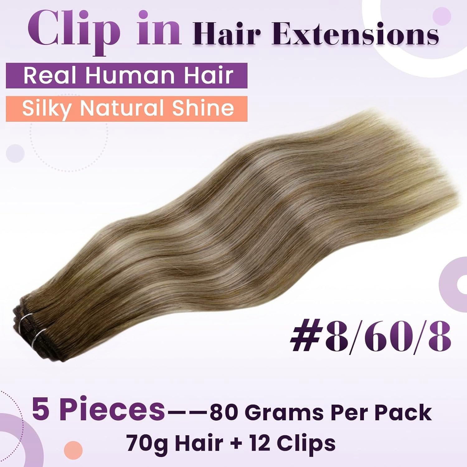 LaaVoo Clip in Hair Extensions Real Human Hair Light Barown Hair Extensions Clip in Straight Balayage Brown to Light Blonde Remy Hair Full Head Double Weft 80g 5pcs 14 Inch #8/60/8 - Image 2
