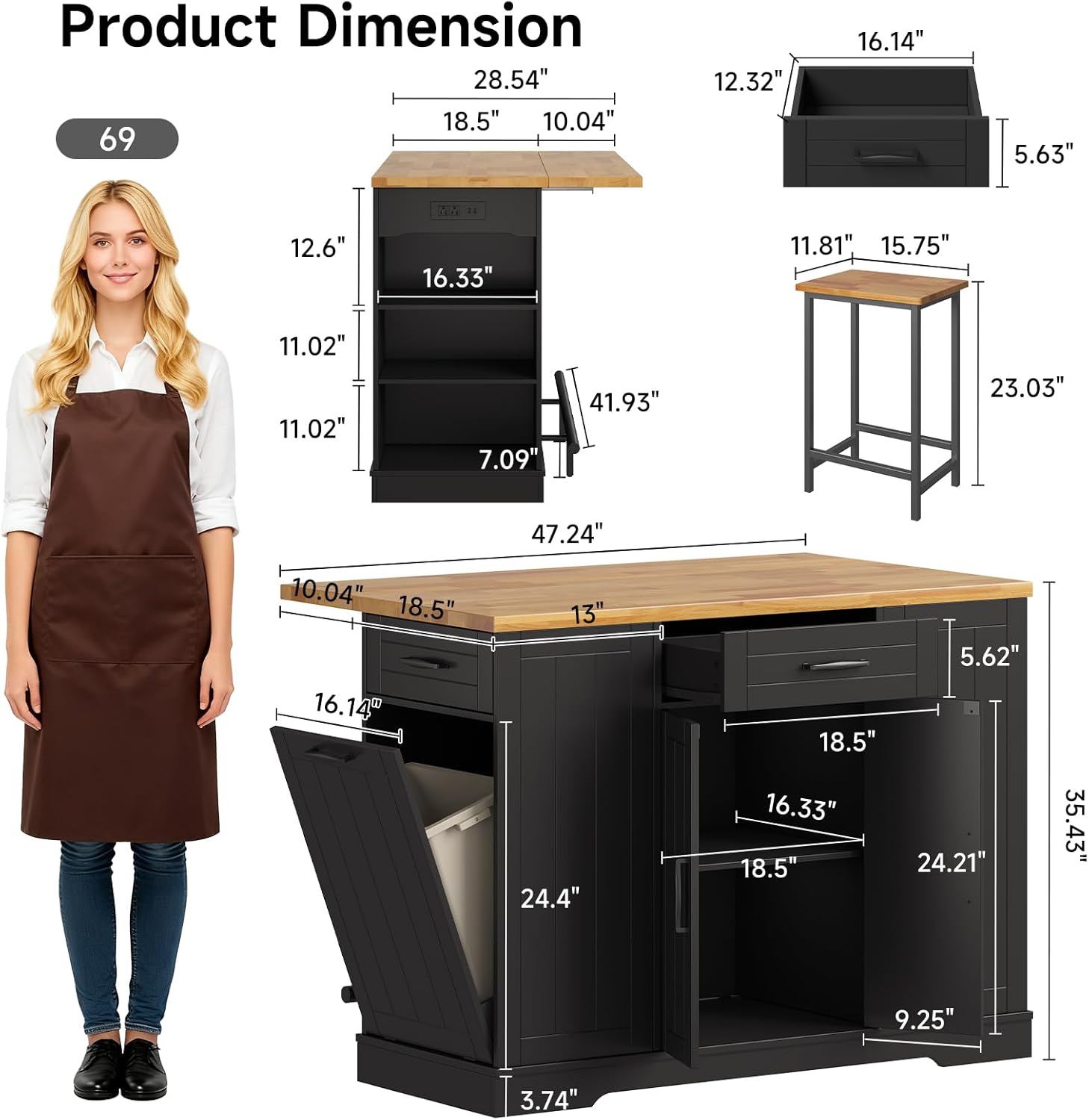 47" Kitchen Island with Seating, Stationary Island Table with Storage Include 2 Chairs, Kitchen Islands with Drop Leaf, Dining Table with Trash Cabinet & Power Outlet & Spice Rack, Black