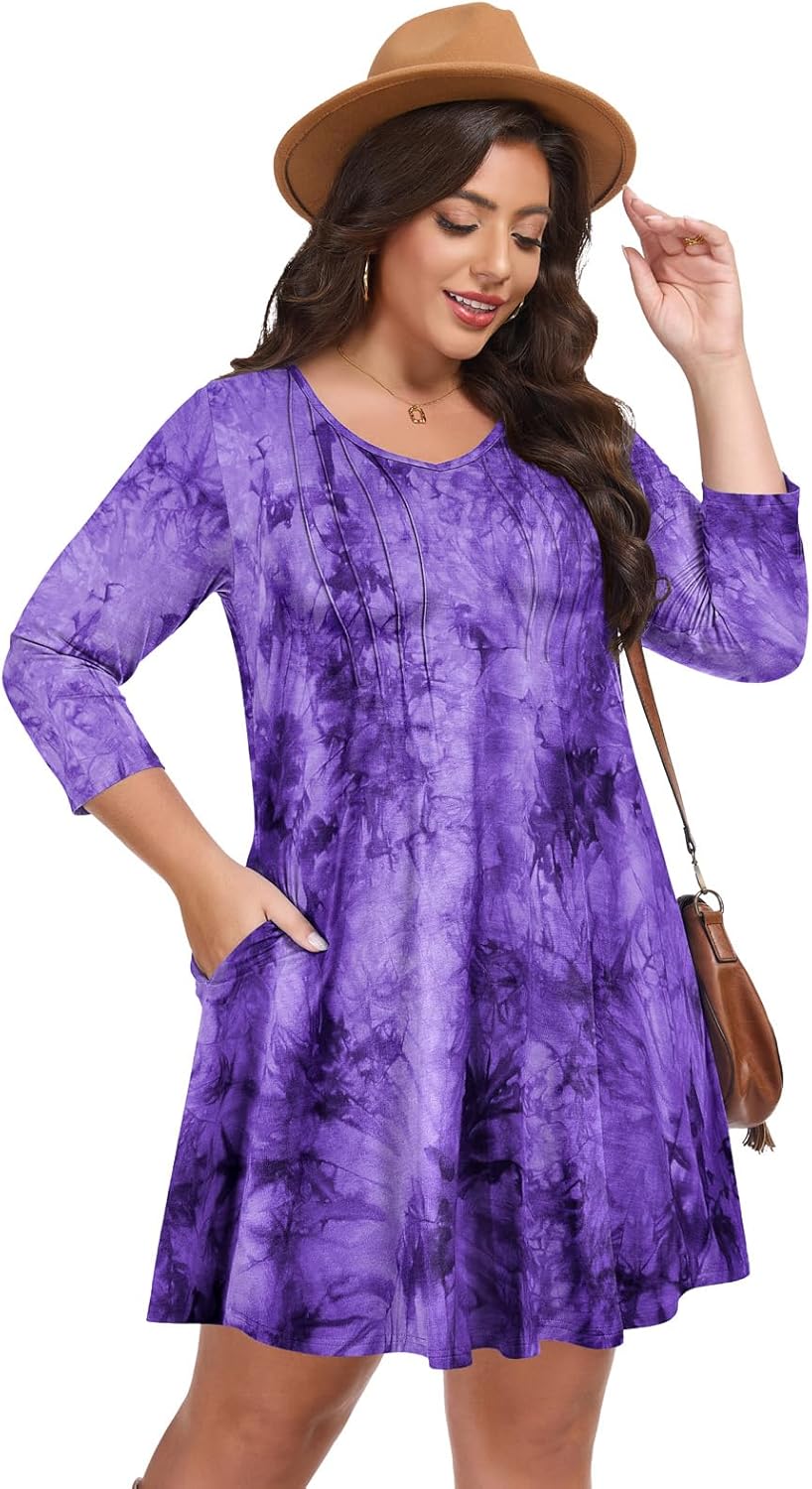 LARACE Womens Plus Size Dresses V Neck 3/4 Sleeve Pleated Midi Dress Casual A-Line Swing Dress - Image 4