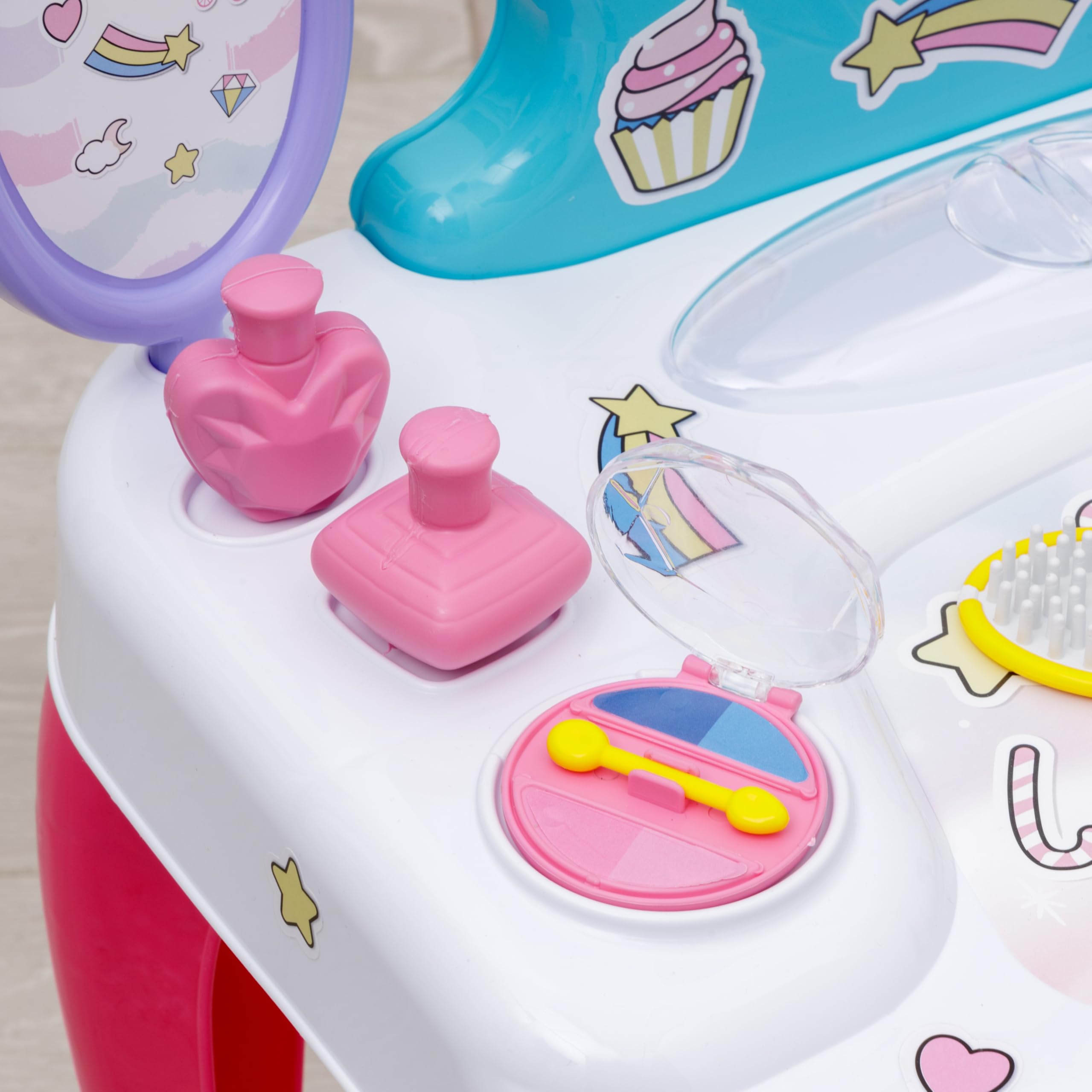 Baroni Toys Toeletta Trucco per Bambini con Specchio, Sgabello e 12 Accessori, Consolle Trucco Bambina, Specchiera per Bambine, Gioco di Simulazione per Bambini dai 36 Mesi, 48x32x71 cm, Unicorni