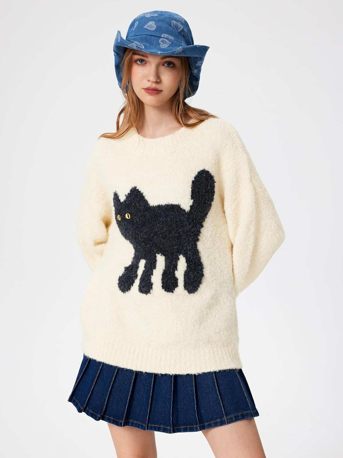 CIDER Women’s Cat Sweater Long Sleeve Crew Neck Fun Graphic Cute Patterned Chunky Pullover Sweater Tops - Image 2