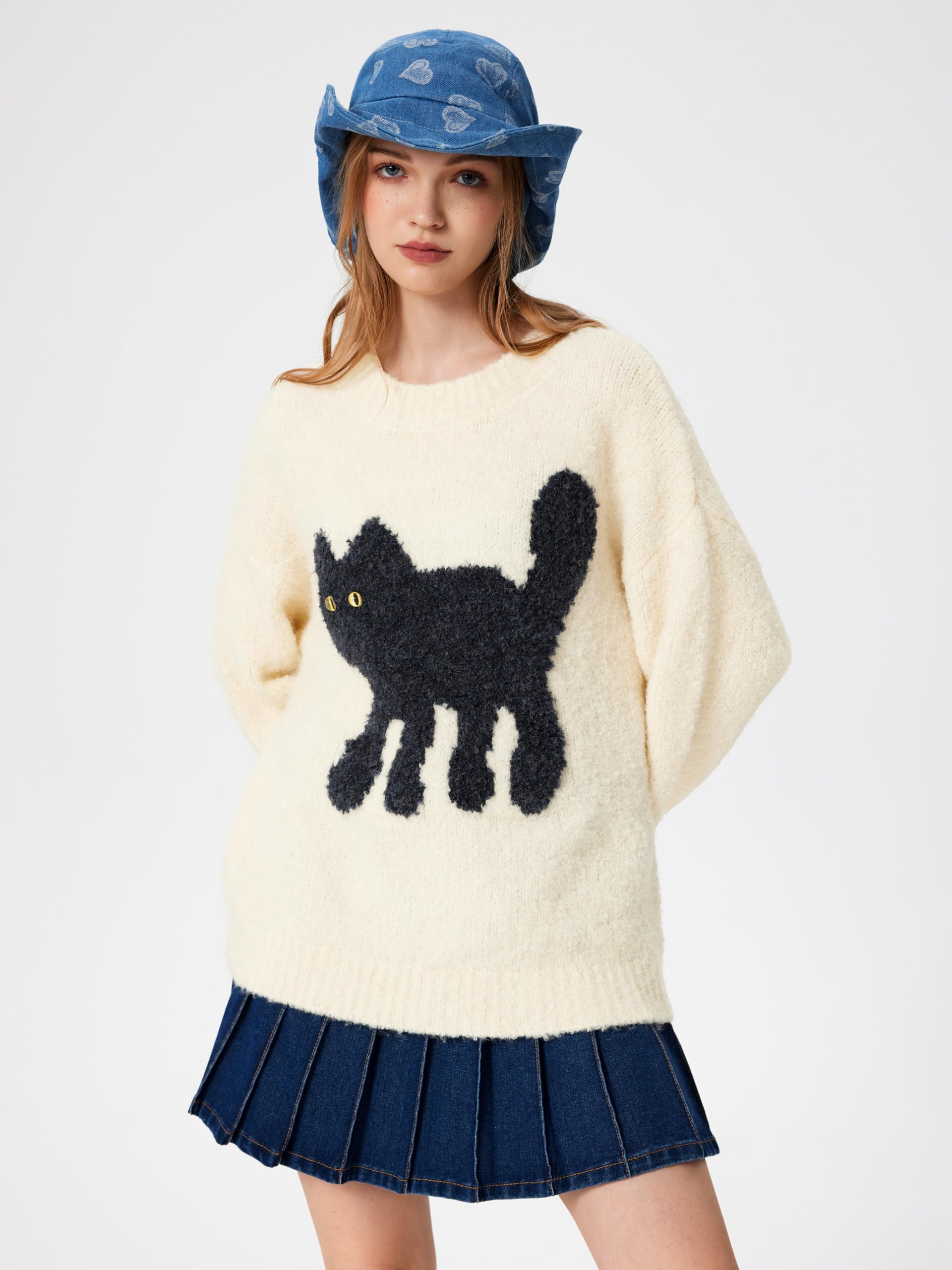 CIDER Damen-Katzen-Pullover, langärmelig, Rundhalsausschnitt, lustig, grafisch, niedlich, gemustert, grober Pullover | Oversized, Long Sleeve, Crewneck Sweater, Fall Winter Outfits
