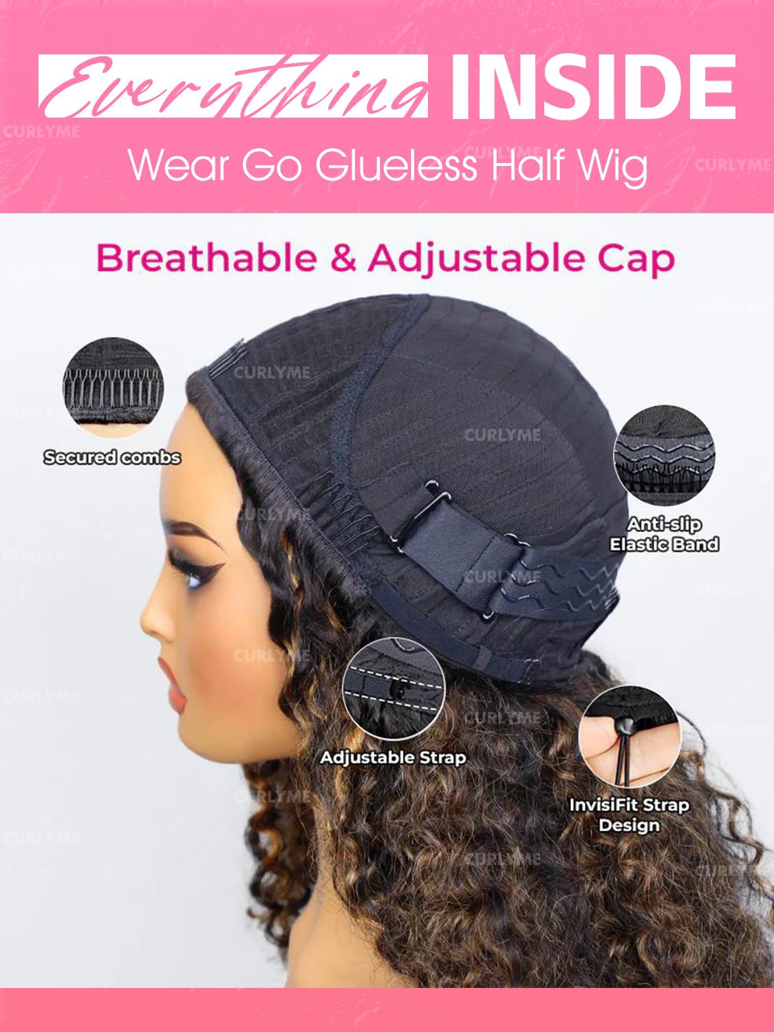 Curlyme Highlight 2/30 Kinky Curly Half Wig Human Hair Honey Brown Curly Glueless Install Flexible Fit 3 In 1 Ombre Half Wig With Adjustable String Flip Over Beginner Wig Invisible Hairline 20 Inch