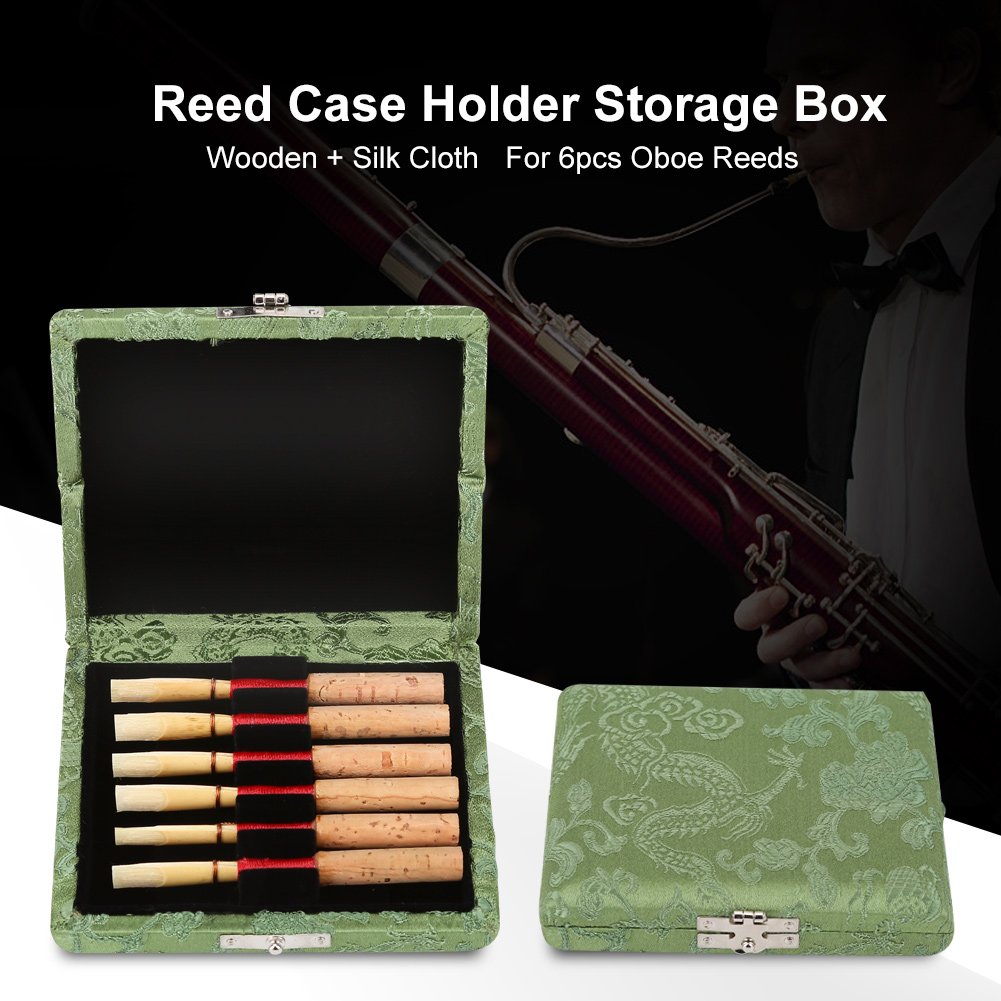 Focket Caja de cañas de Oboe, Cubierta de Tela de Seda de Madera, Tela Suave, Caja de Almacenamiento de portacañas portátil de 6 Piezas con Orificios Transpirables para cañas de Oboe(Verde)