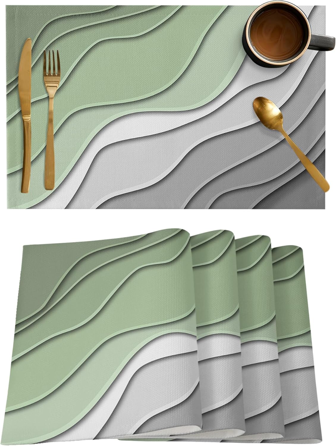 Washable Placemats Set of 4,Sage Green Ombre Stripes Geometric Color Gradient Dining Table Mats, Foldable Place Mats for Kitchen Decor Accessories Table Protective Pad Indoor/Outdoor(13"x19")