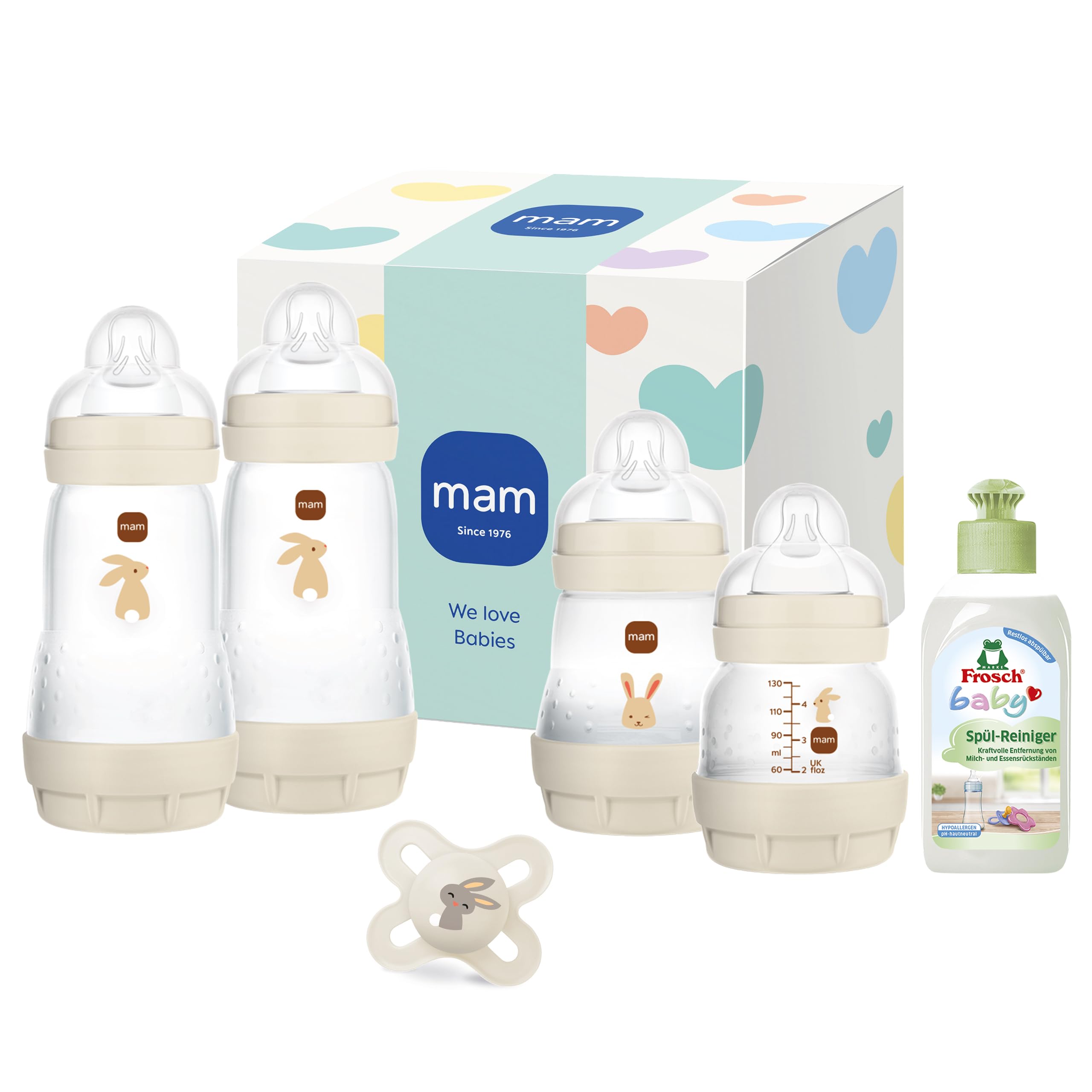 MAM Easy Start Anti-Colic Neugeborenen-Set | 0+ Mon | Babyflaschen Geschenk-Set | 94% Akzeptanz | 96% Hebammen-Empfehlung | 80% weniger Koliken | 4 Trinkflaschen & 1 Original Start Schnuller | beige