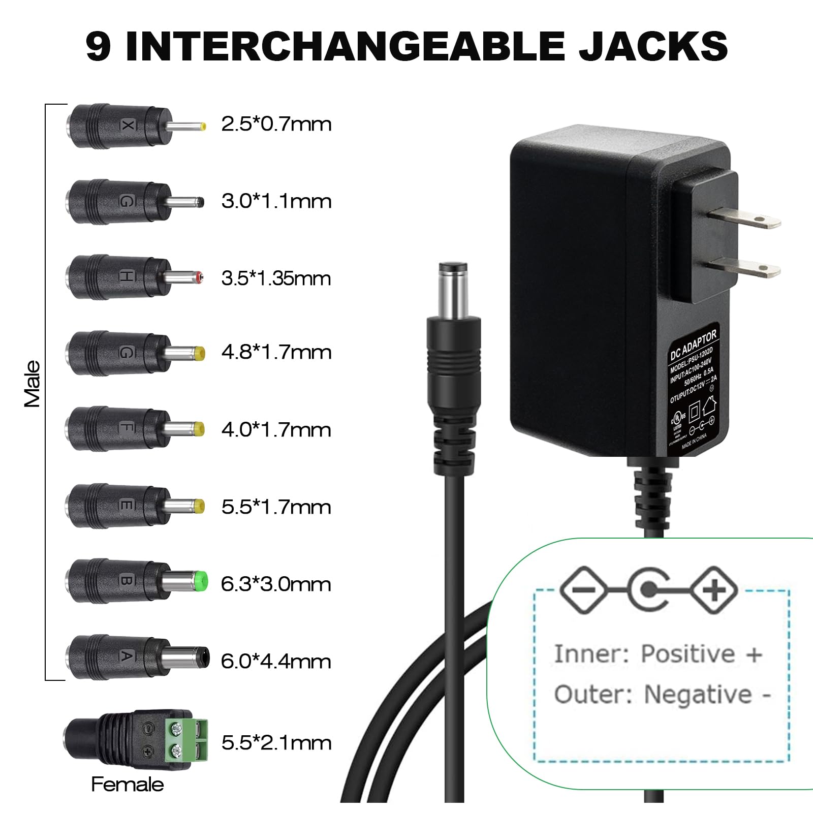 Alimentatore di ricambio con 9 punte, 12 V, 2 A, CA 120 V a CC 12 V, 2000 mA, cavo di alimentazione per striscia LED, telecamera CCTV, altoparlante BT, GPS, webcam, router, trasformatore DC12V,
