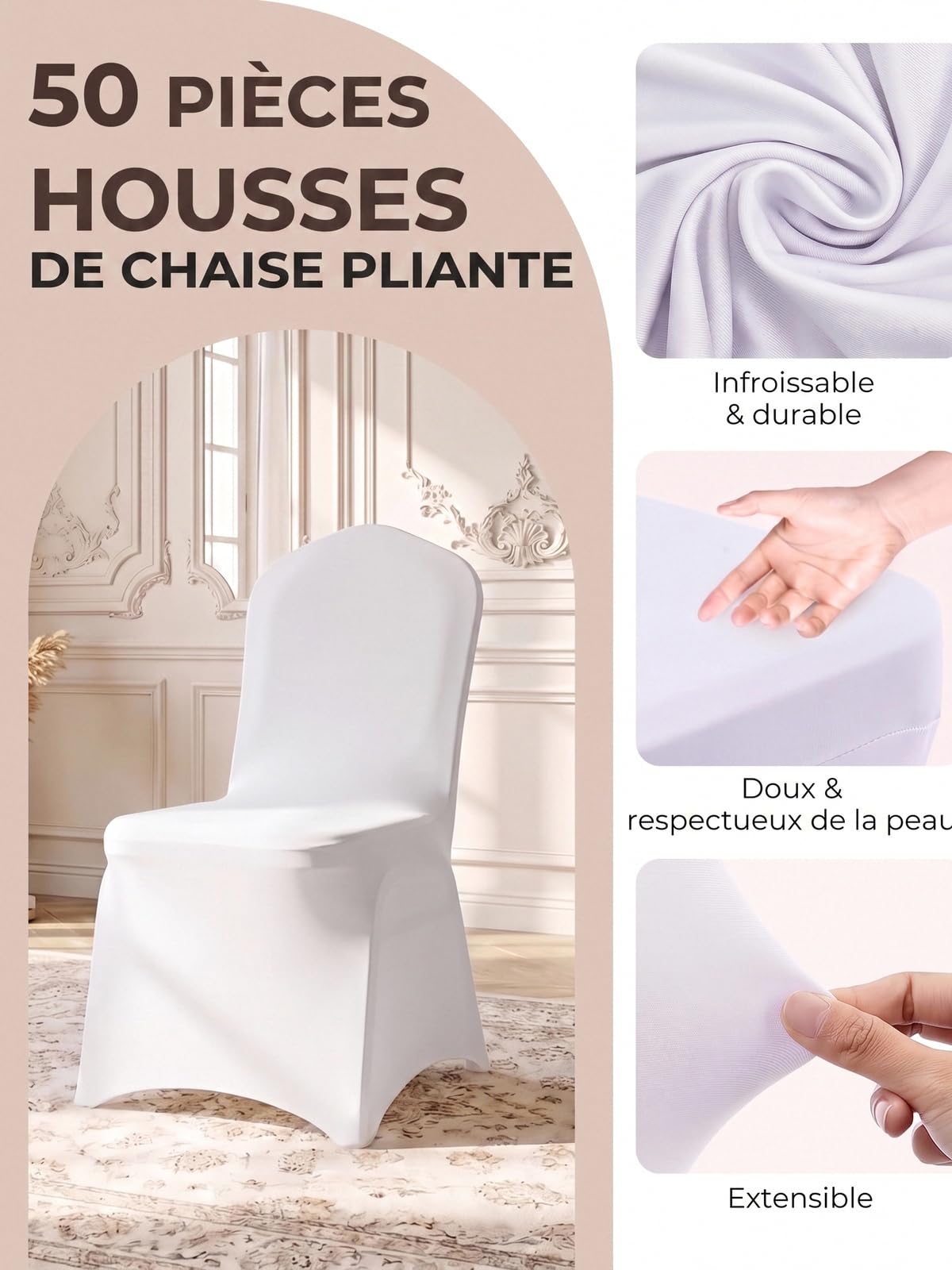 Housses de Chaise Pliantes Extensibles 50 Pièces, Blanches en Polyester et Élasthanne, pour Chaises sans Bras, Amovibles et Lavables, Idéales pour Mariage, Banquet, Fête, Célébration, Salle à Manger