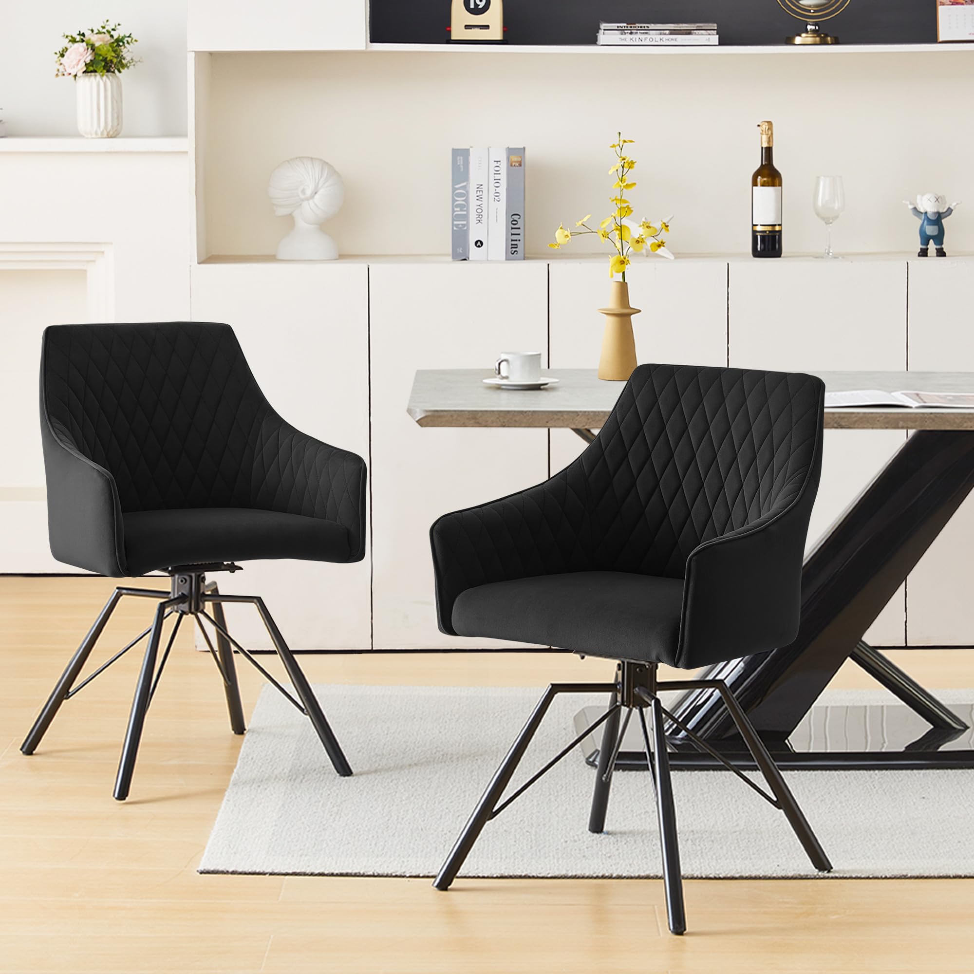 CLIPOP Swivel Dining Chairs Set of 2 Velvet with 360 Rotating Metal Base, Padded Kitchen Armchair for Living Room Accent, Desk Chair no Wheels for Home Office (1, black)