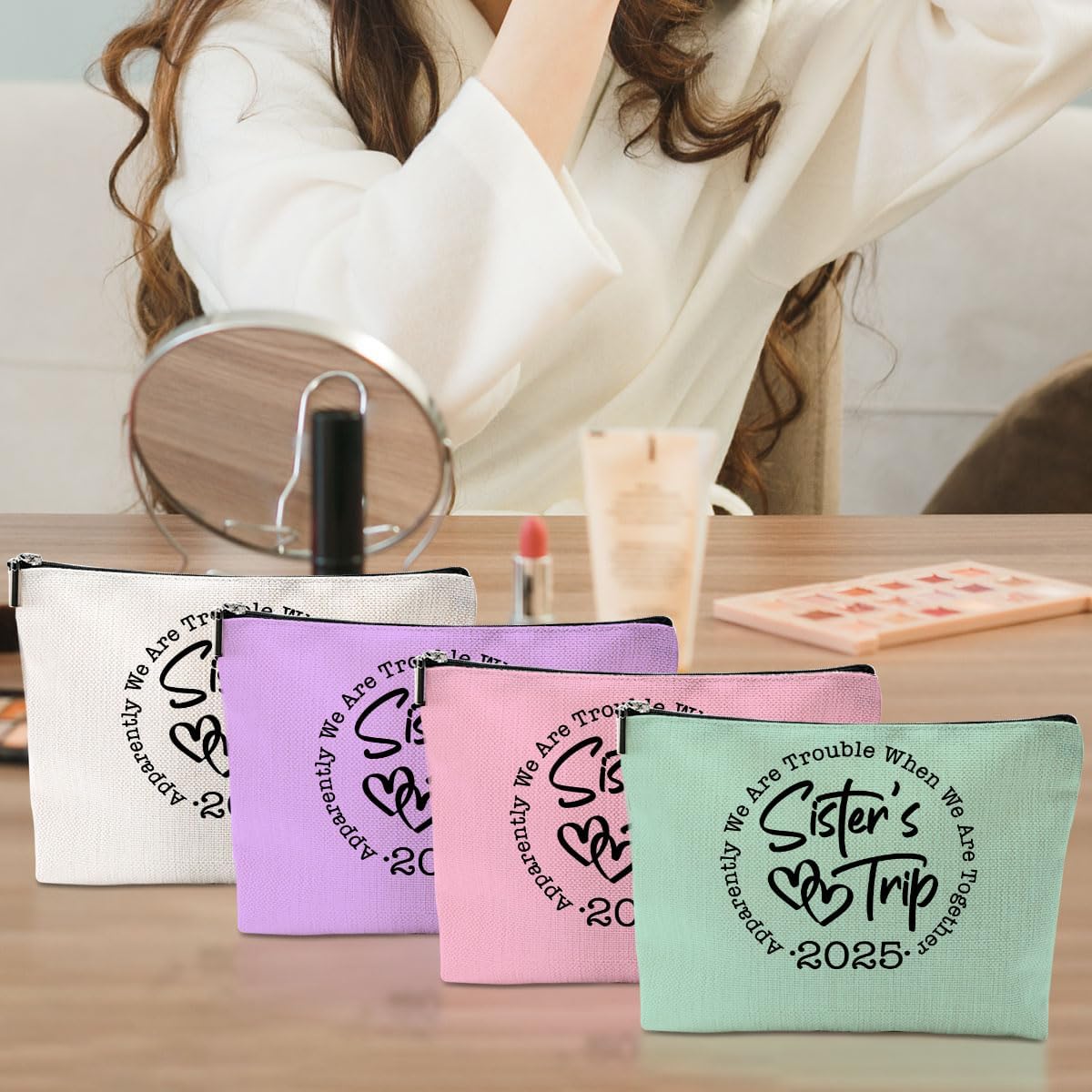 4 Pcs Sister Trip 2025 Makeup Bag Funny Girls Trip Gifts Favors Girls Weekend Sister Gifts Best Sister Weekender Birthday Vacation Traval Cosmetic Bag Bachelorette Party Friendship Gifts for Women - Image 5