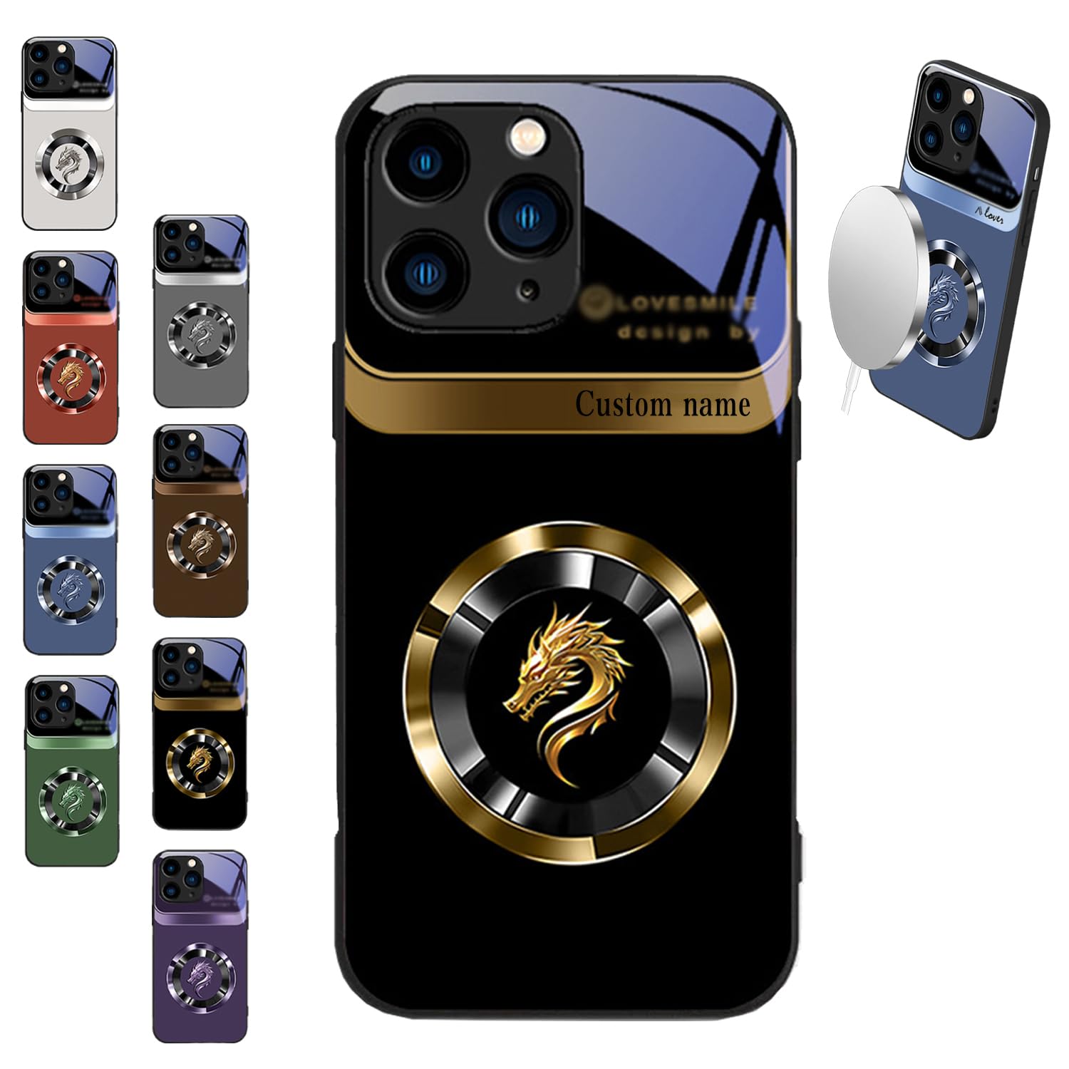 Merryklein Personalized Name Magnetic Gradient Dragon Pattern Glass Phone Case,Custom Name All-Inclusive Case for iPhone 16/15/14/13ProMax,for Samsung