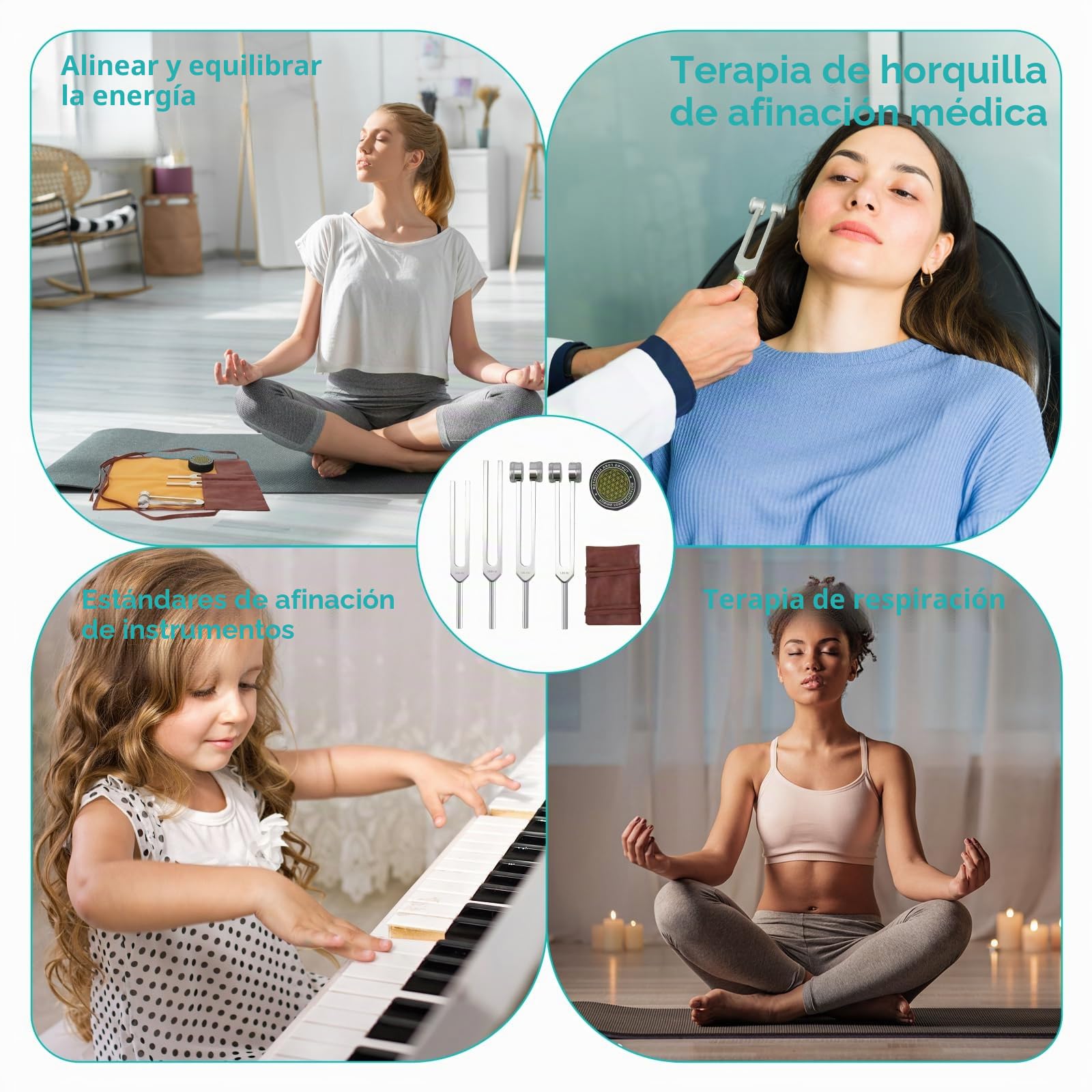 Juego de 4 Diapasones Terapéuticos para Curación y Meditación | 128/136/256/384Hz para Meditación Yoga Relajación Curación Sonora y Equilibrio de Chakras con Mazo Activador y Bolsa de Piel