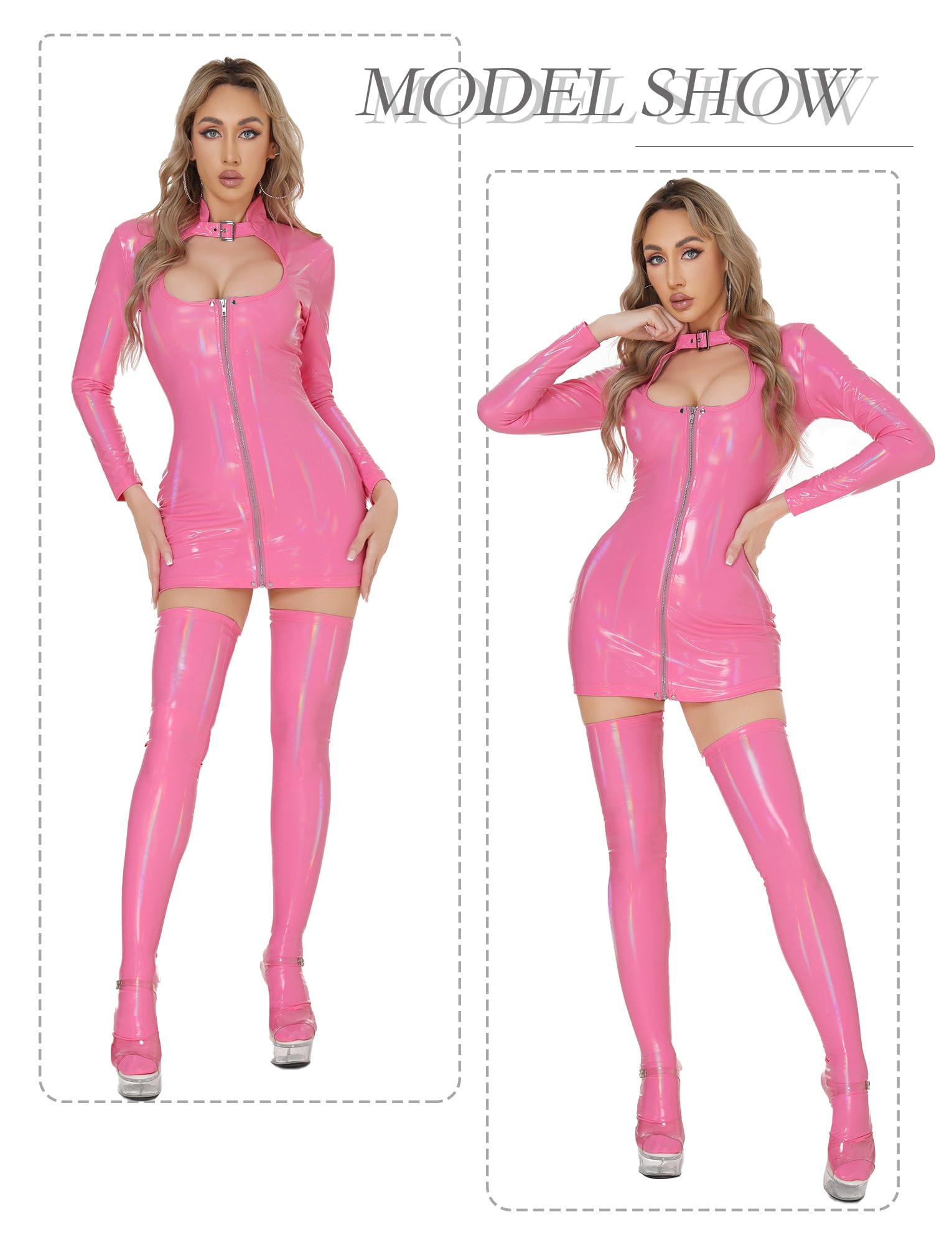 FEOYA Dominatrice Outfits Women Leather Pink Latex Mini Dress Sexy PU Wet Look Lingerie Outfits Halloween Costume: Pink Medium