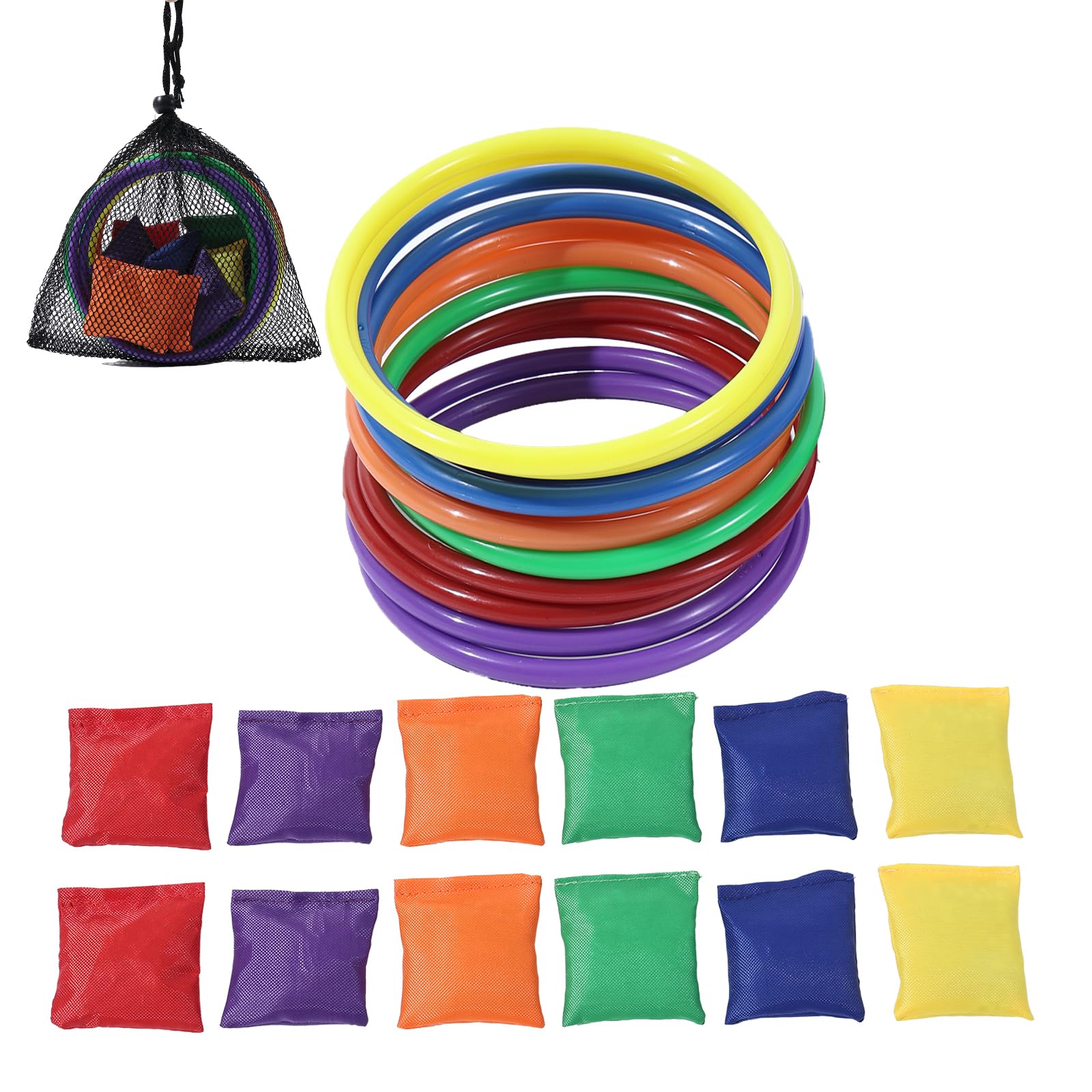 24Pcs Nylon Bean Bags Plastic Rings Game Sets for Kids Ring Toss Game Booth Carnival Garden Backyard Outdoor Games Speed Agility Training Games