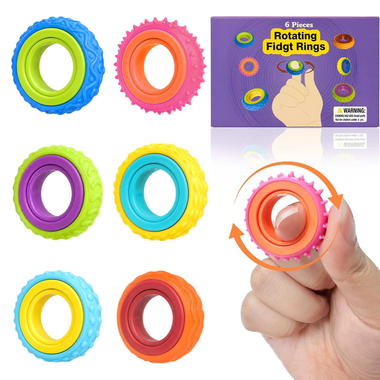 6 Pack Fidget Sensory Rings, Silent Textured Spinner Finger Rings for Adults & Kids, Anxiety Relief Fidget Toys for Focus, Autism & ADHD Support, Ideal for Classroom, Office & Travel