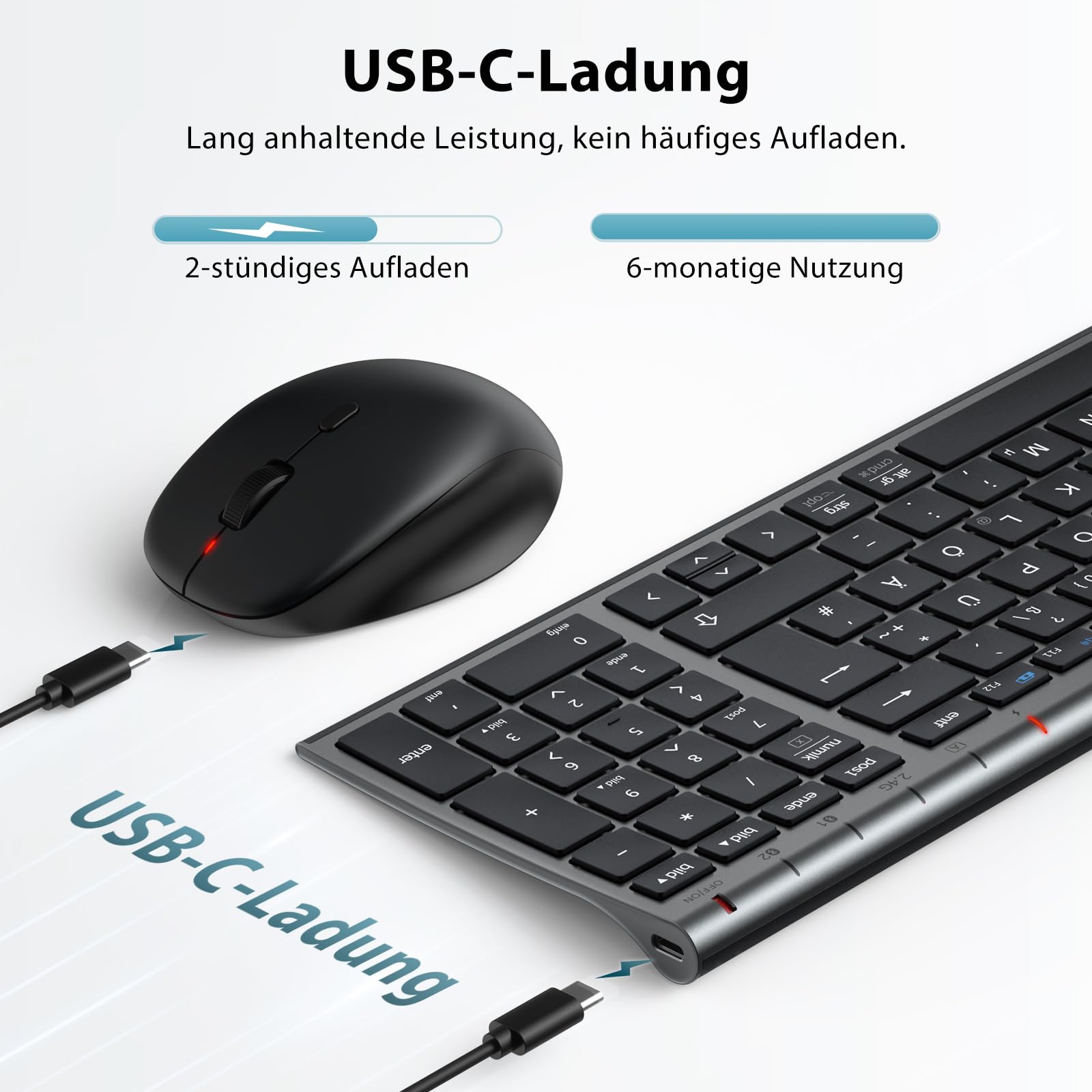 iClever Tastiera Bluetooth con mouse, set di mouse senza fili, doppia modalità ricaricabile (Bluetooth 5.0 + 2.4 G), tastiera wireless, per PC/laptop, layout QWERTZ, grigio
