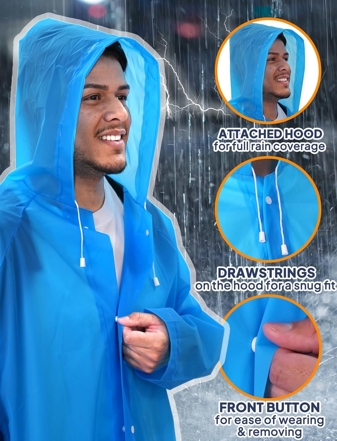 ANYOO 2-Pack Rain Ponchos for Adults Reusable Raincoats with Hooded and Drawstring Emergency for Men Women - Image 3