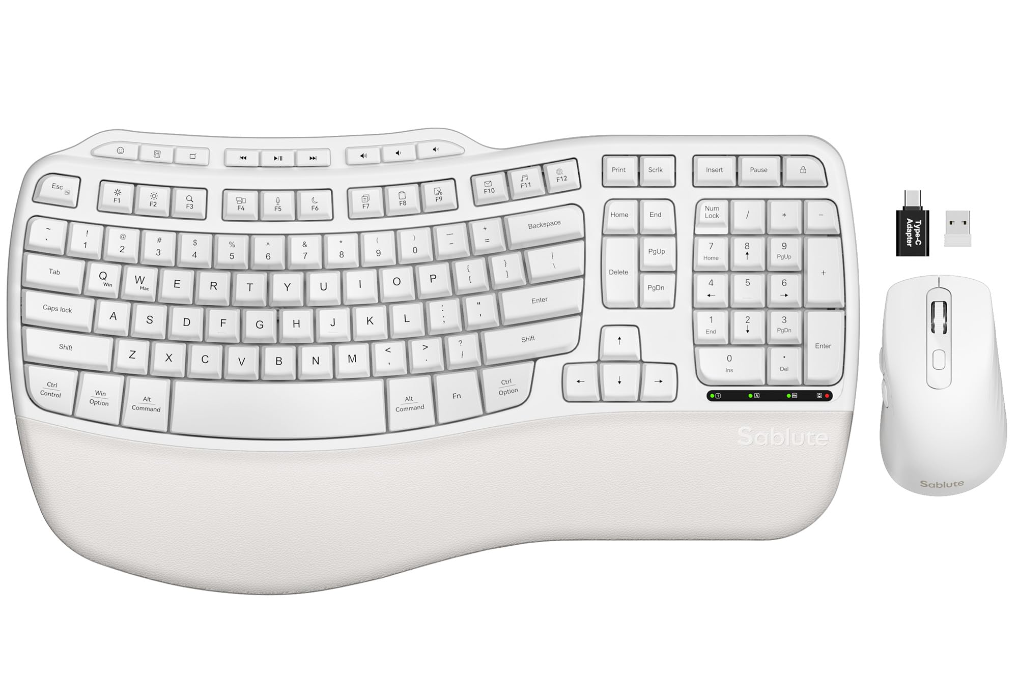 White Ergonomic Wireless Keyboard and Mouse Combo, 2.4G Full Size Ergo Wave Key Board with Cushioned Plam Rest, Natural Typing, 3 DPI Adjustable Silent Mouse for Computer/Laptop/Windows/Mac - Sablute