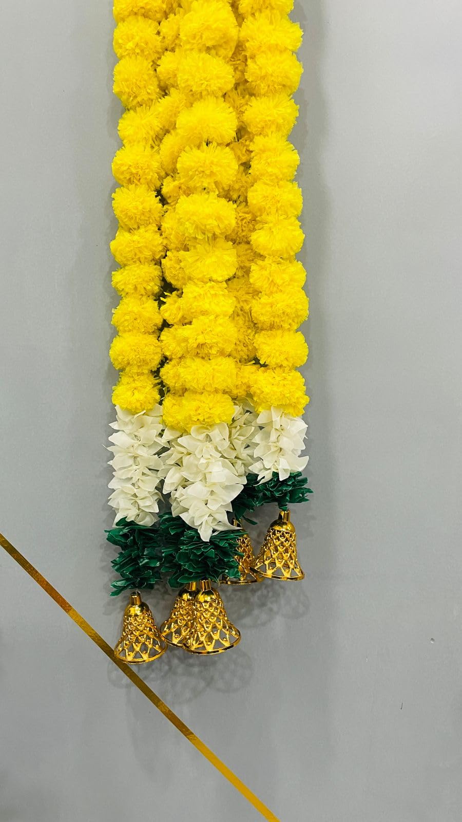 Abhaas Handmade Artificial Jasmine Gajra Marigold Garland Rajnigandha Tassels & Bells Traditional Decor for Diwali/Wedding/Festivals (GN-Y-5142)