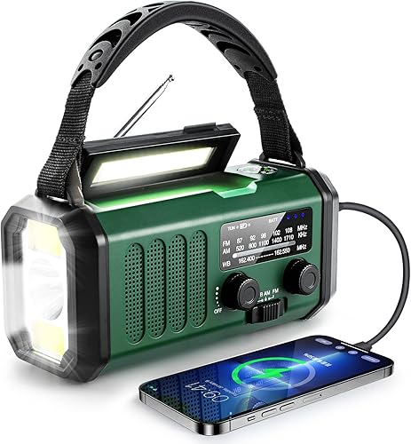 Radio de manivela de 10000 mAh, radio de emergencia, radio solar, radio meteorológica NOAAAMFM, carga USB tipo C, radio de dinamo, batería de