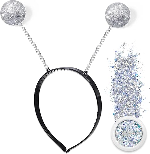 2 diademas de antena marciana plateada, diadema de alienígena con purpurina y 2 piezas holográficas plateadas con purpurina gruesa, accesorio de