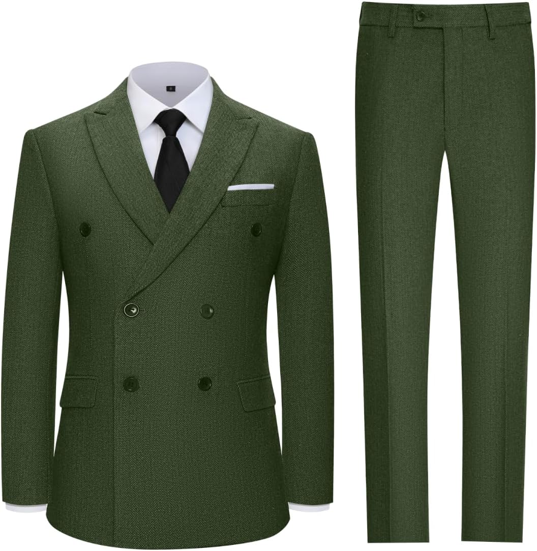 Boys 4 Pieces Tweed Herringbone Suits Formal Peak Lapel Wedding Tuxedo Suit for Boys Double Breasted Blazer Pants Set