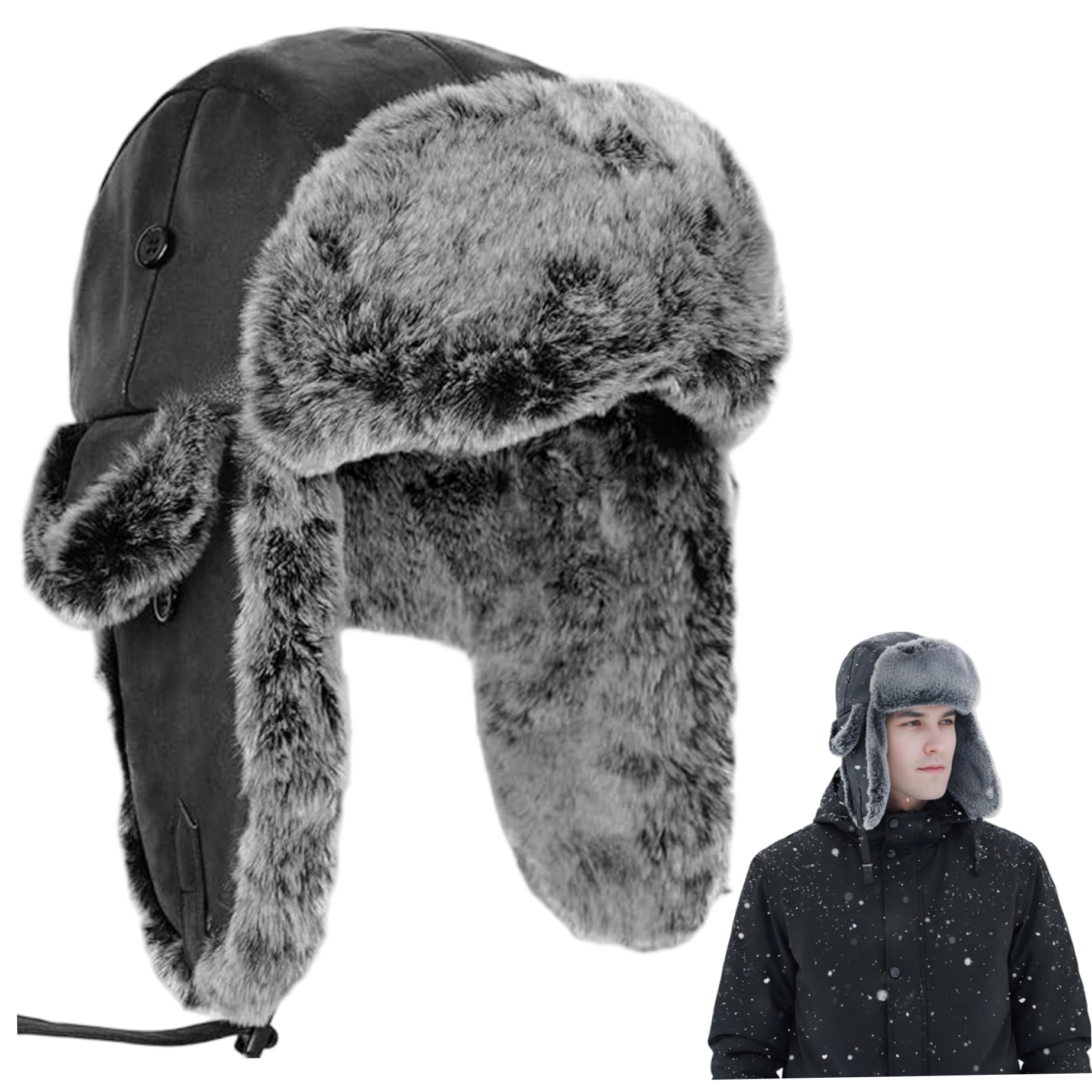 CAKEEYUM Trapper Hat, Cold Weather Russian Hats for Men, Winter Thick Furry Earflap Cap Windproof Cycling Ski Hunting Cap for Women Men, Black Trapper Hat, Russian Hats for, for Women,