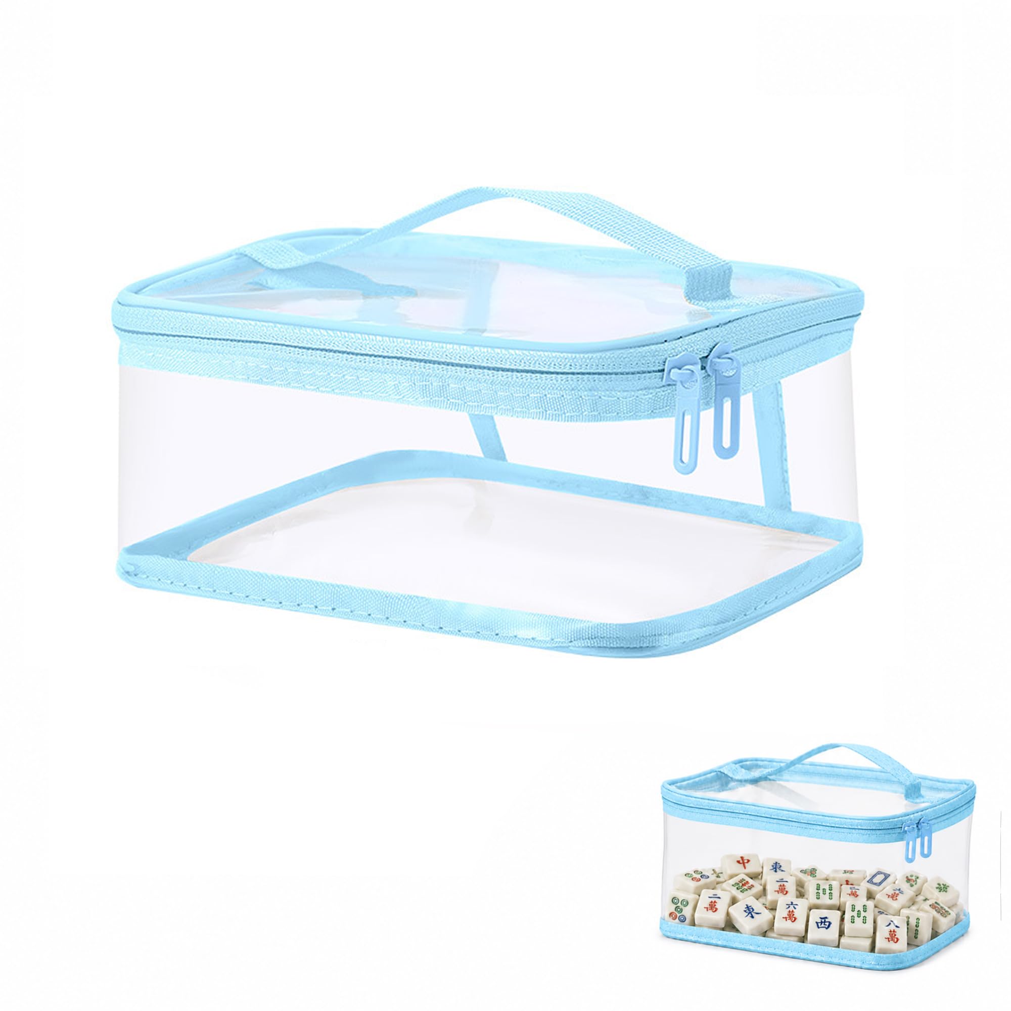 Mahjong Tile Bag, Waterproof Clear Mahjong Storage with Carry Handle (Blue)
