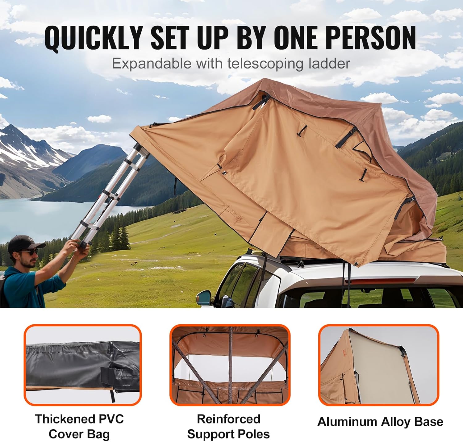 Man setting up the rainfly and awning on the VEVOR Rooftop Tent.