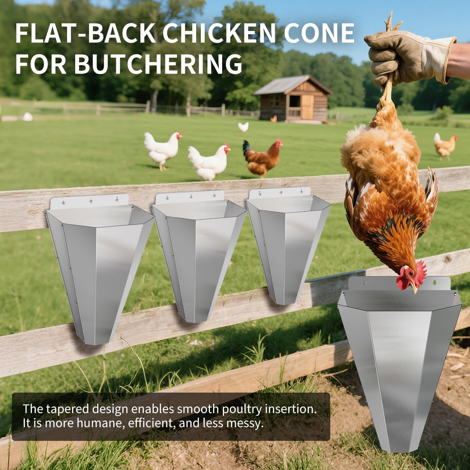 Medium Chicken Kill Cone for Butchering 3 Pack, Stainless Steel Killing Cones with 2 Pairs of Safety Gloves, Flat-Back Design, for Chickens, Ducks, Turkeys & Poultry up to 8 lbs (Silver)