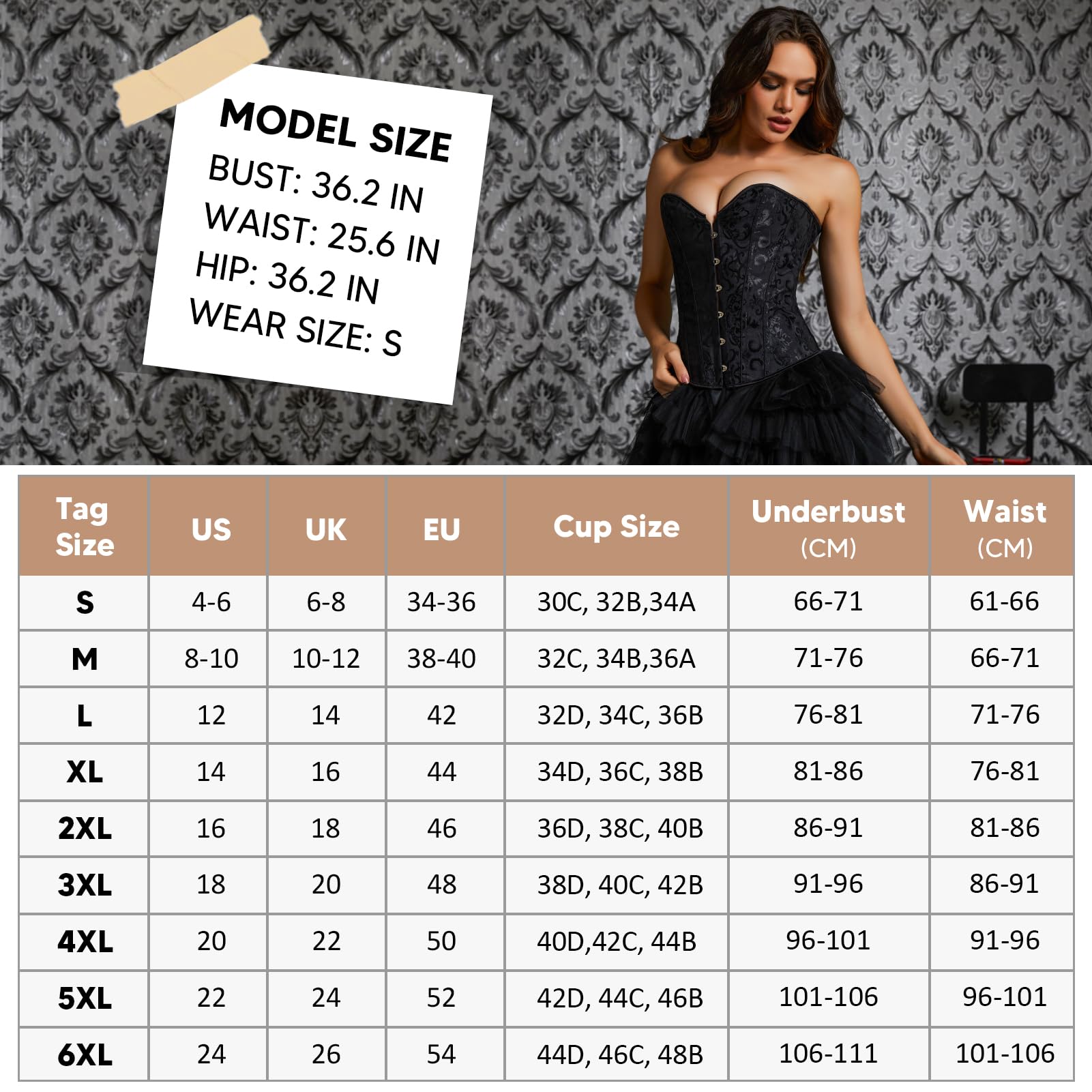 SLIMBELLE® Femmes Corset Gothique Brocart Bustier Sexy Steampunk en Satin pour Halloween Costume Lingerie de Mariée avec Ruban Lacet Overbust Top + G-String