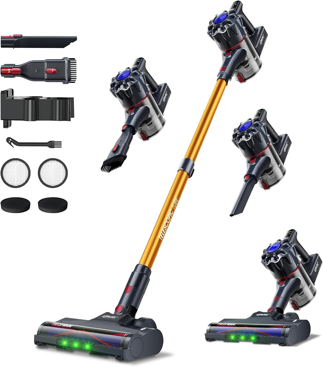 Aspiradora inalámbrica KIPMAX 450W 45kPa, liviana para limpieza diaria | Aspiradora de varilla recargable con 55 minutos, autónoma, antienredos, potente aspiradora para el hogar, pelo de mascotas, pisos duros y alfombras.
