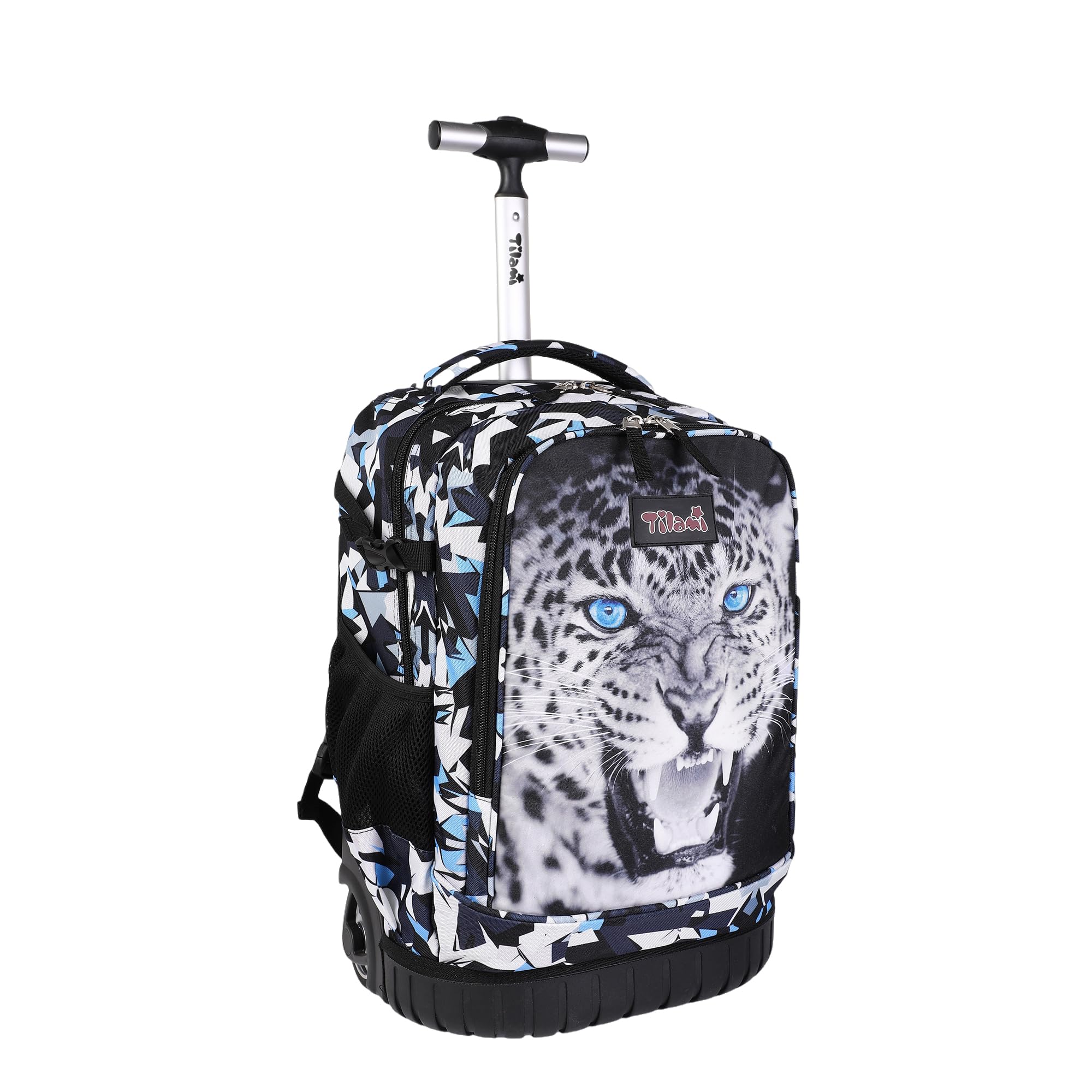 Tilami Rolling Backpack, 18 inch Shoulder Drop, Concealed Pockets and Wheel Cover, Laptop Backpack for Boys and Girls, Leopard Black