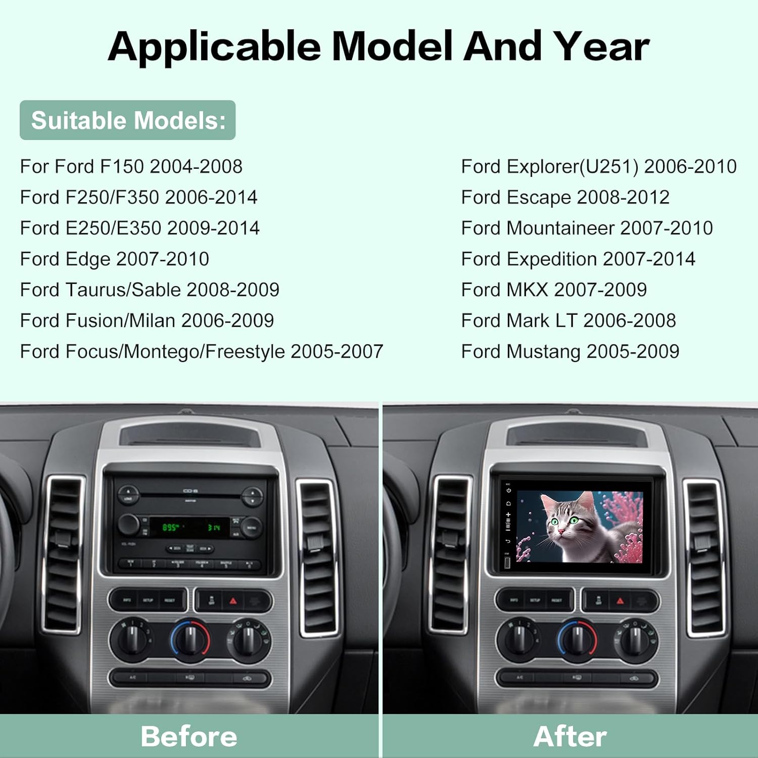 Image showing various Ford car models and years compatible with the EKAT car radio.