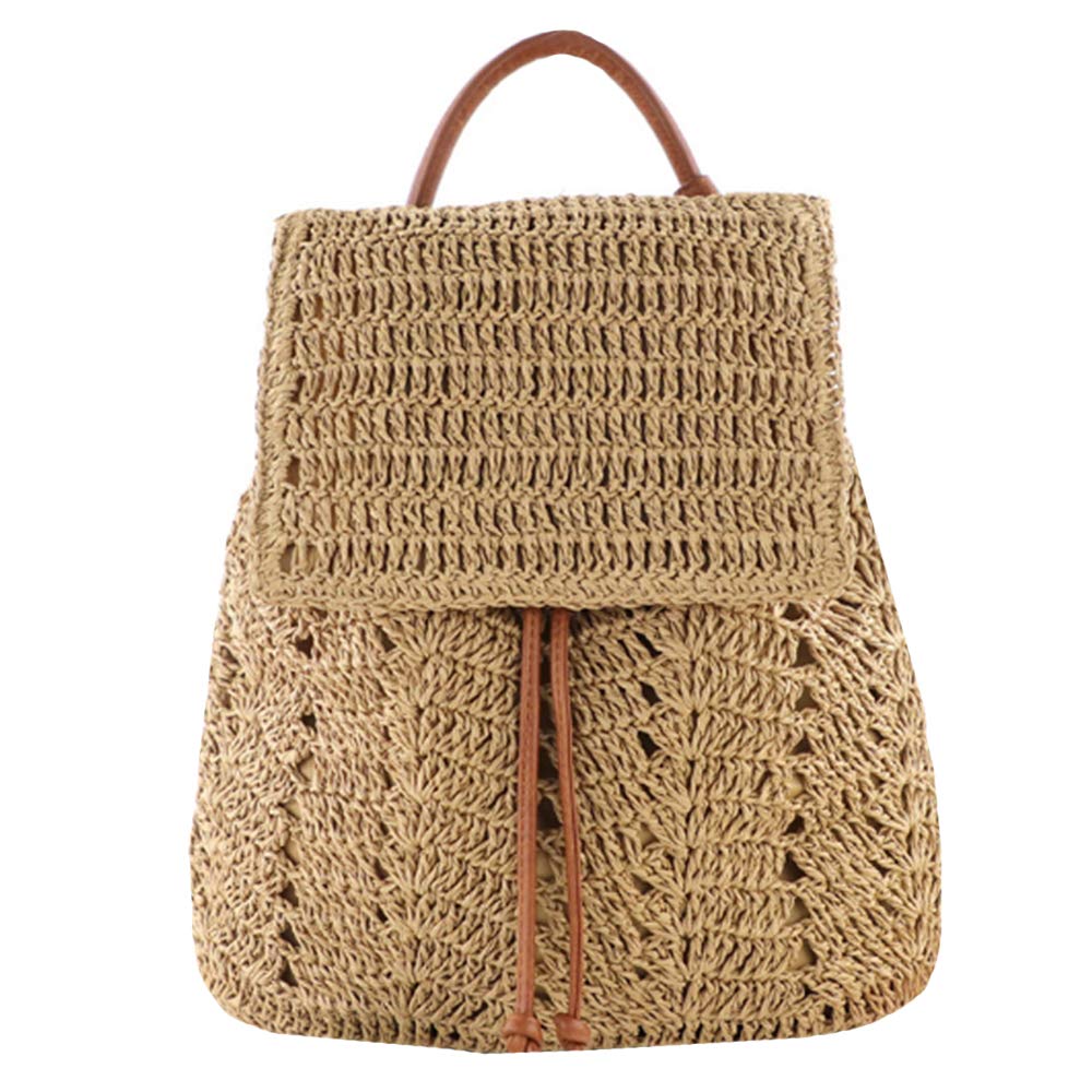 Mochila tejida de paja para mujer, con solapa y cordón, A marrón., Talla única, Mochilas Daypack