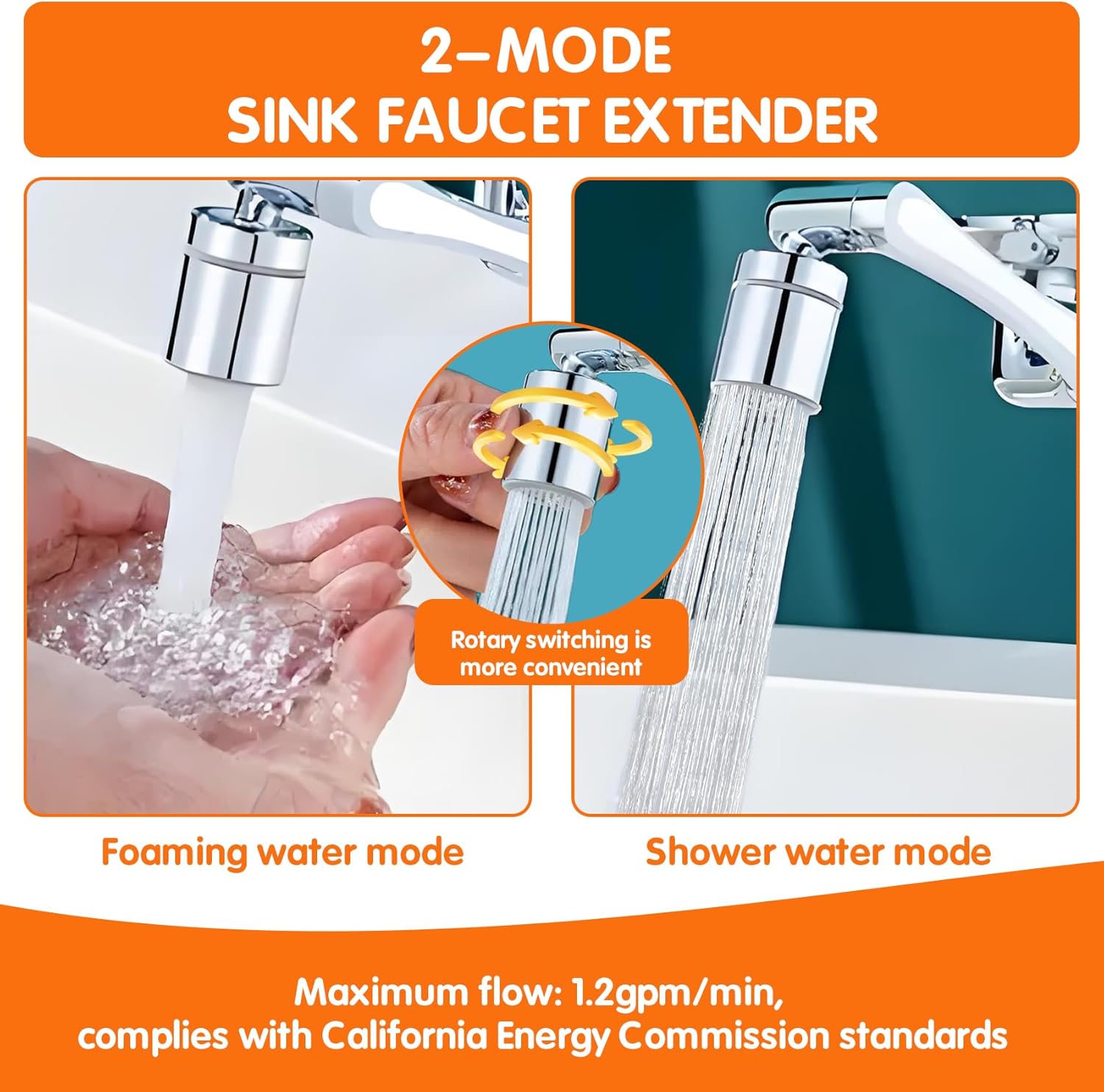Premium Brass 1440° Swivel Faucet-Extender Sink Aerator,2 Mode Splash Filter with Adjustable Rotating Arm,Complete Installation Kit&Adapters Help Fit Bathroom&Kitchen Sink-Wash Hand/Hair/Face
