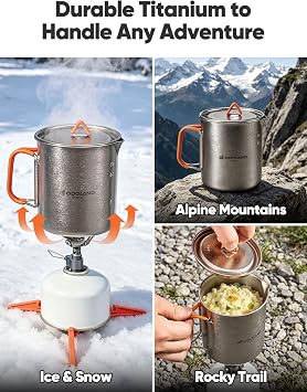 Odoland Titanium Camping Cookware 420ML & 750ML Titanium Pot with Lid and Spork Lightweight Camping Pot for Backpacking Hiking Traveling and Picnic