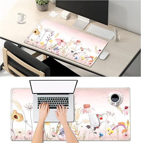 Vista 116 de ARTSO Alfombrilla de escritorio grande negra, alfombrilla de mouse para juegos XXL, alfombrilla de escritorio antideslizante con base de goma, Flor