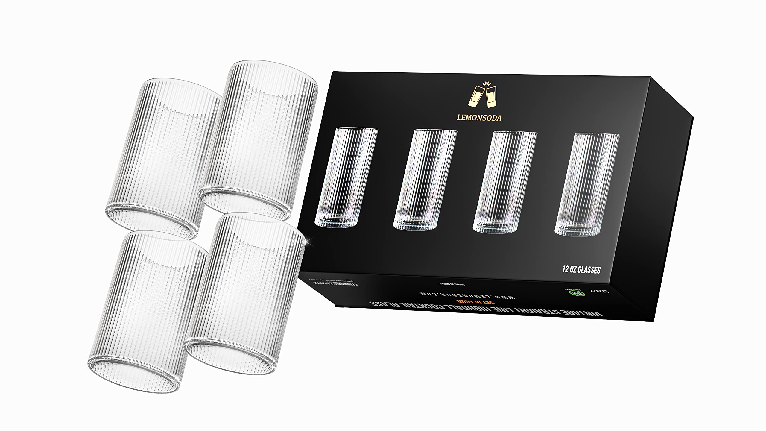 LEMONSODA Vasos y vasos de cóctel de línea recta vintage Highball (12 onzas, juego de 4)