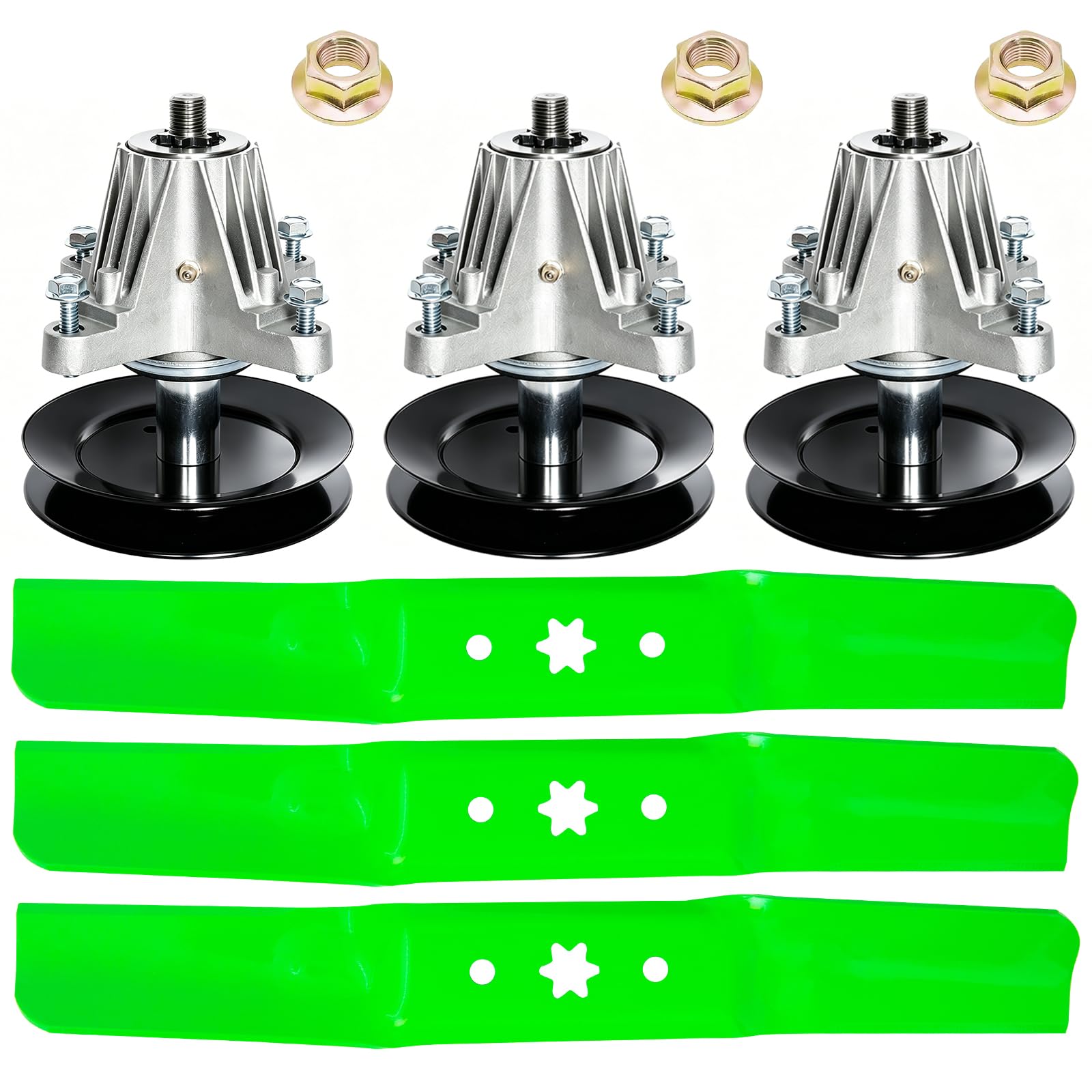 Kit de cuchillas de elevación media de eje de cubierta para MTD Cub Cadet RZT S54 LX54 T310 GT54 incluye (3) conjunto de husillo 618-06978 (3) cuchillas de cortacésped 942-05056