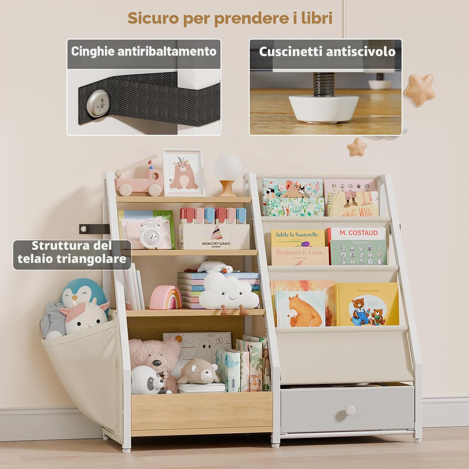 HAVLOTII Libreria per bambini e giocattoli – Scaffale per libri per bambini per la camera dei bambini, libreria per bambini per asilo nido, organizer per giocattoli Montessori, Burlywood