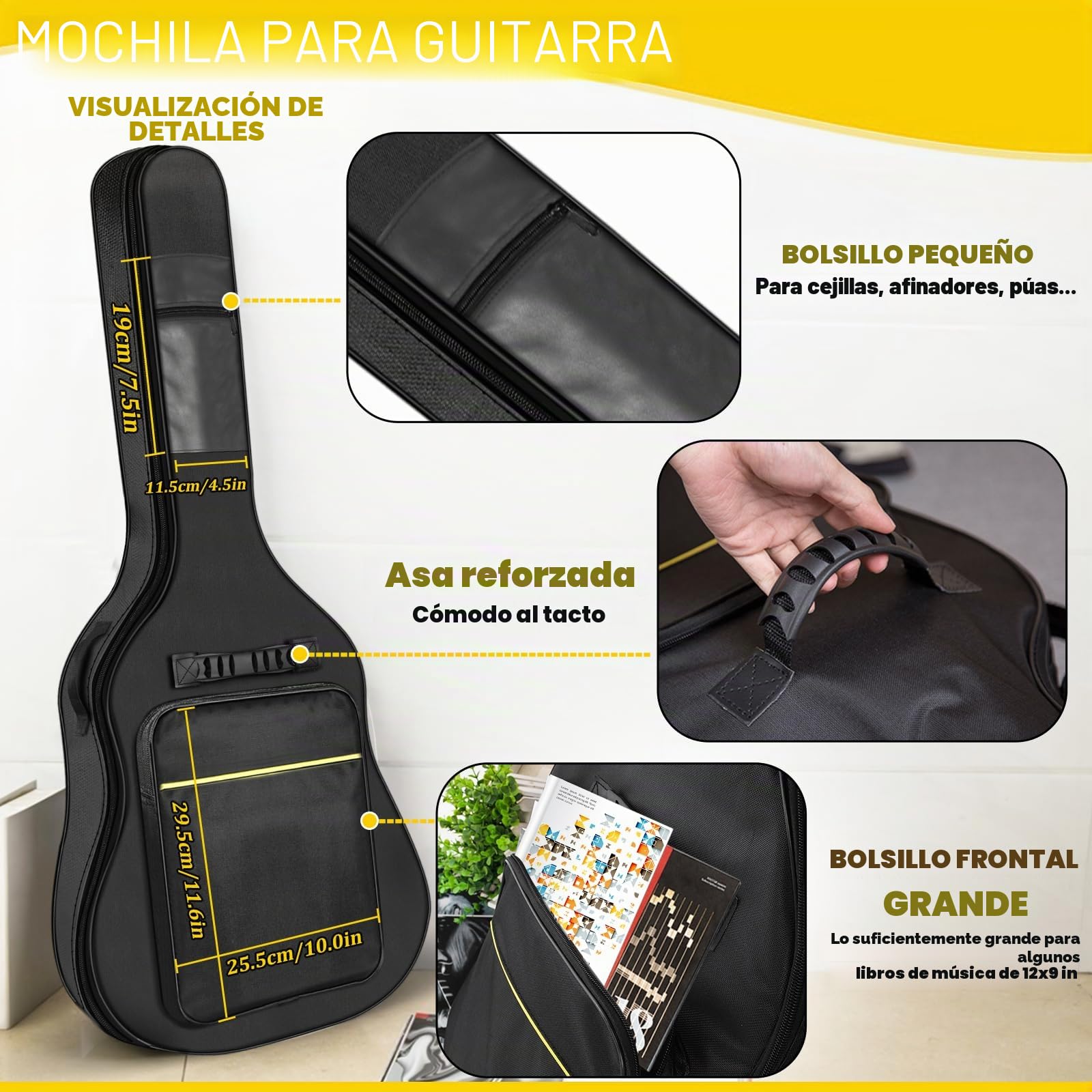 Bolsa para guitarra grande resistente al agua y desgarro, 106x41x8 cm, Negro, para guitarras de 39-41 pulgadas