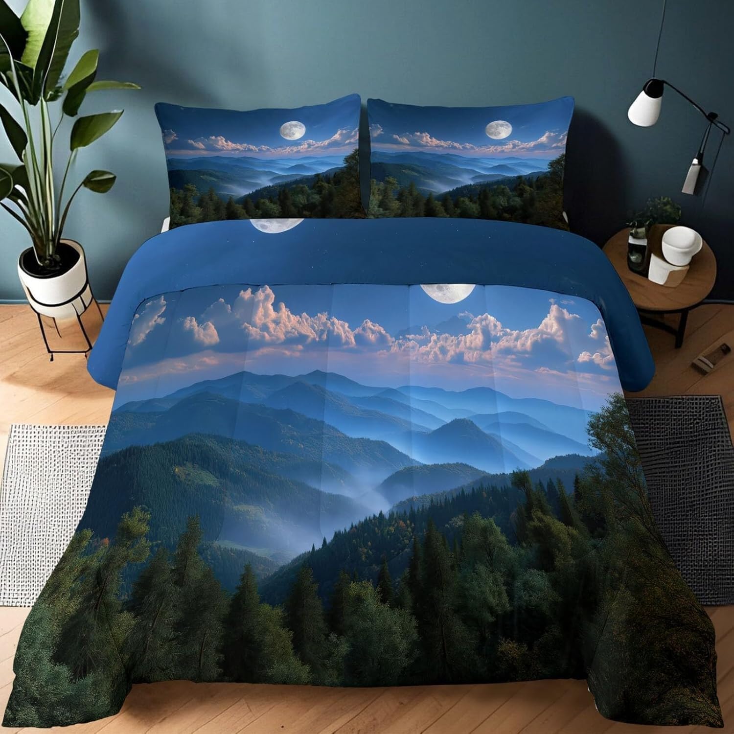 Genérico Edredon Cama 135 Noche de Luna Edredón Nordico Adulto sin Funda Reversible Fondo Azul Estampado Suave Ligero Transpirable Duvet 220x220 cm Incluye 2 Fundas de Almohada 50x75 cm YUa664