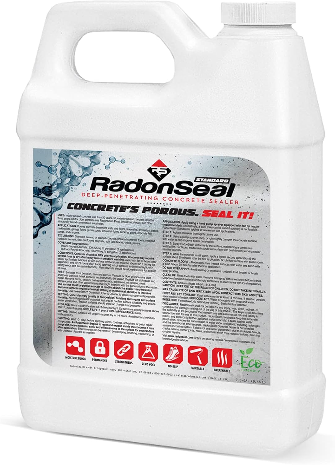 RadonSeal Standard Deep Penetrating Concrete Sealer (2.5-Gallon) – Basement & Interior/Exterior Concrete Sealer for Water Vapor Resistance, Helps Reduce Moisture Penetration and Seepage