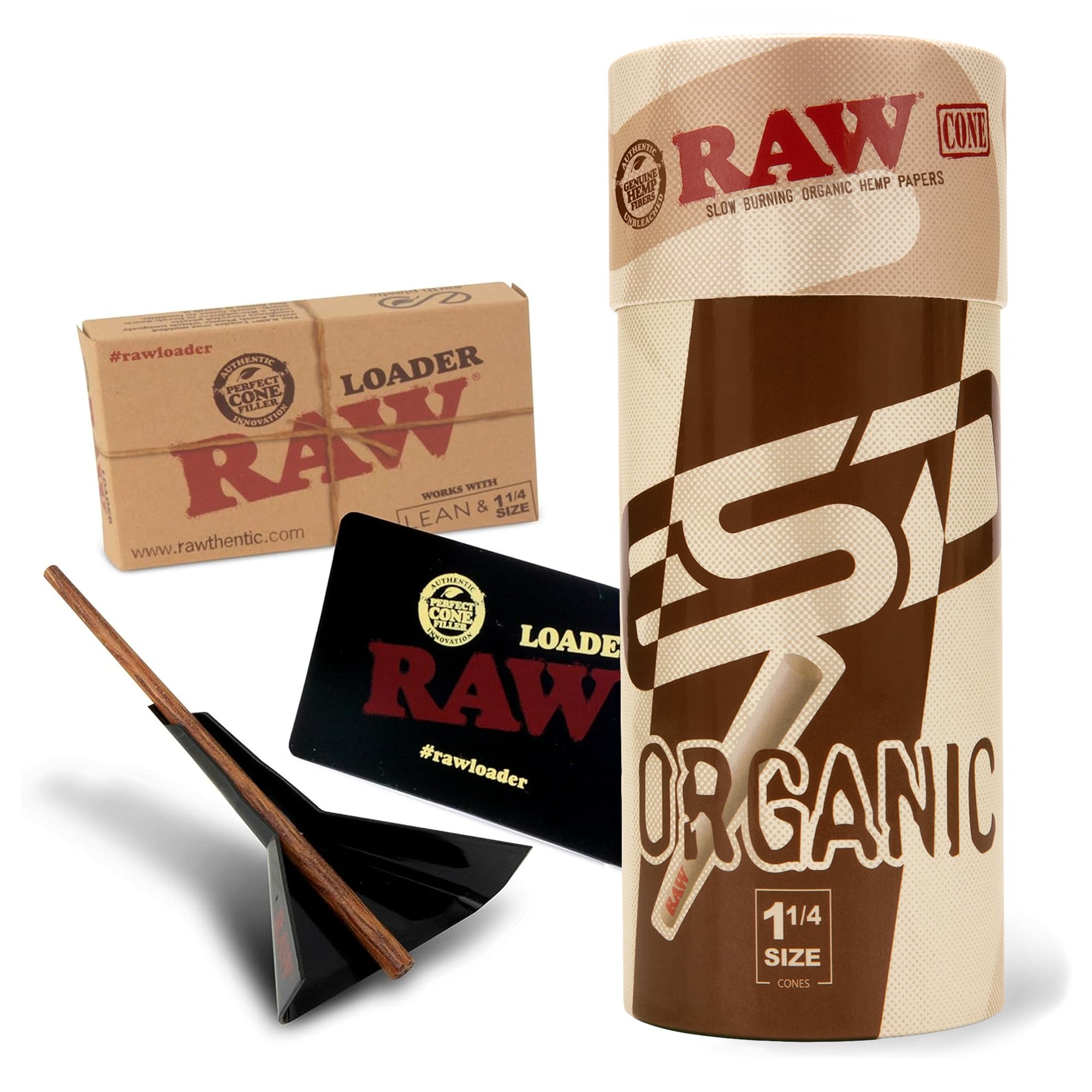 RAW Cones Organic 1 1/4 | 50 Pack | Prerolls with Tips and Cone Loader for Quick and Efficient Pre Rolled Cone Packing