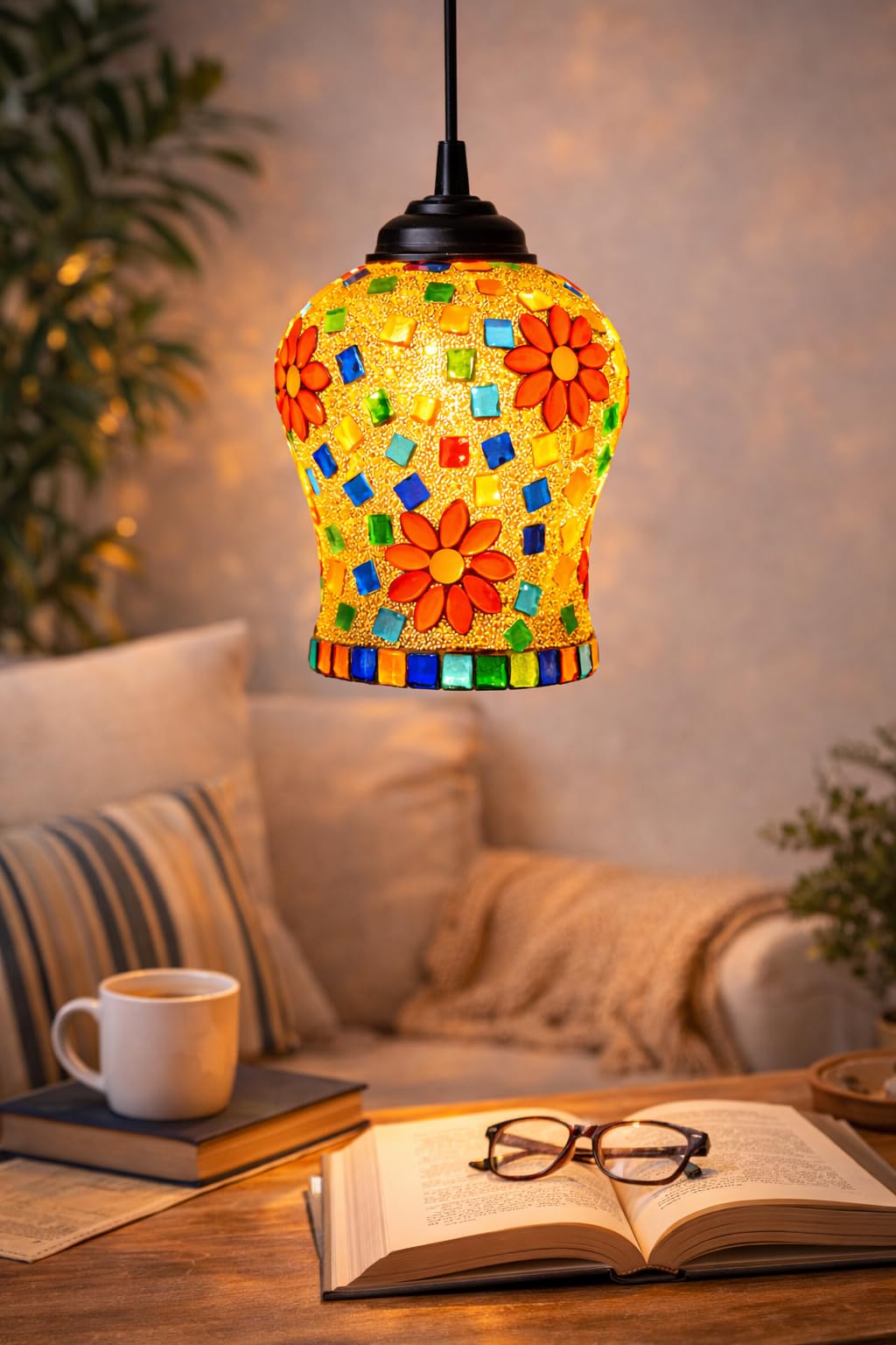 Mosaic Doom Shape Gold and Glass Multicolour Colour Hanging Ceiling Lamp Hanging for Living Room Bed Room Indoor/Out Door Lamp-image-40