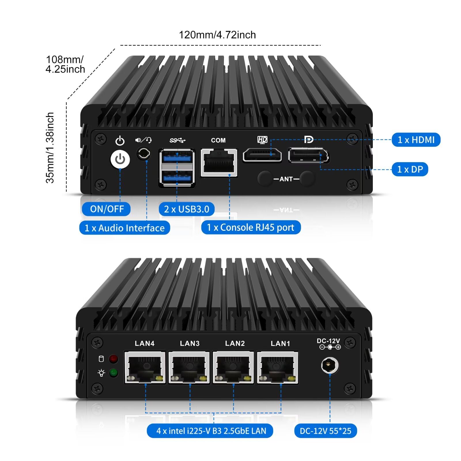 Micro Firewall Appliance, Fanless Mini PC J3710 4C/4T, 4x 2.5 GbE i225-V LAN,AES-NI,DDR3 8GB SSD 128GB Router Netzwerk Security USB3.0/HD/DP/Console RJ45 Port/Wi-Fi, Dual Display