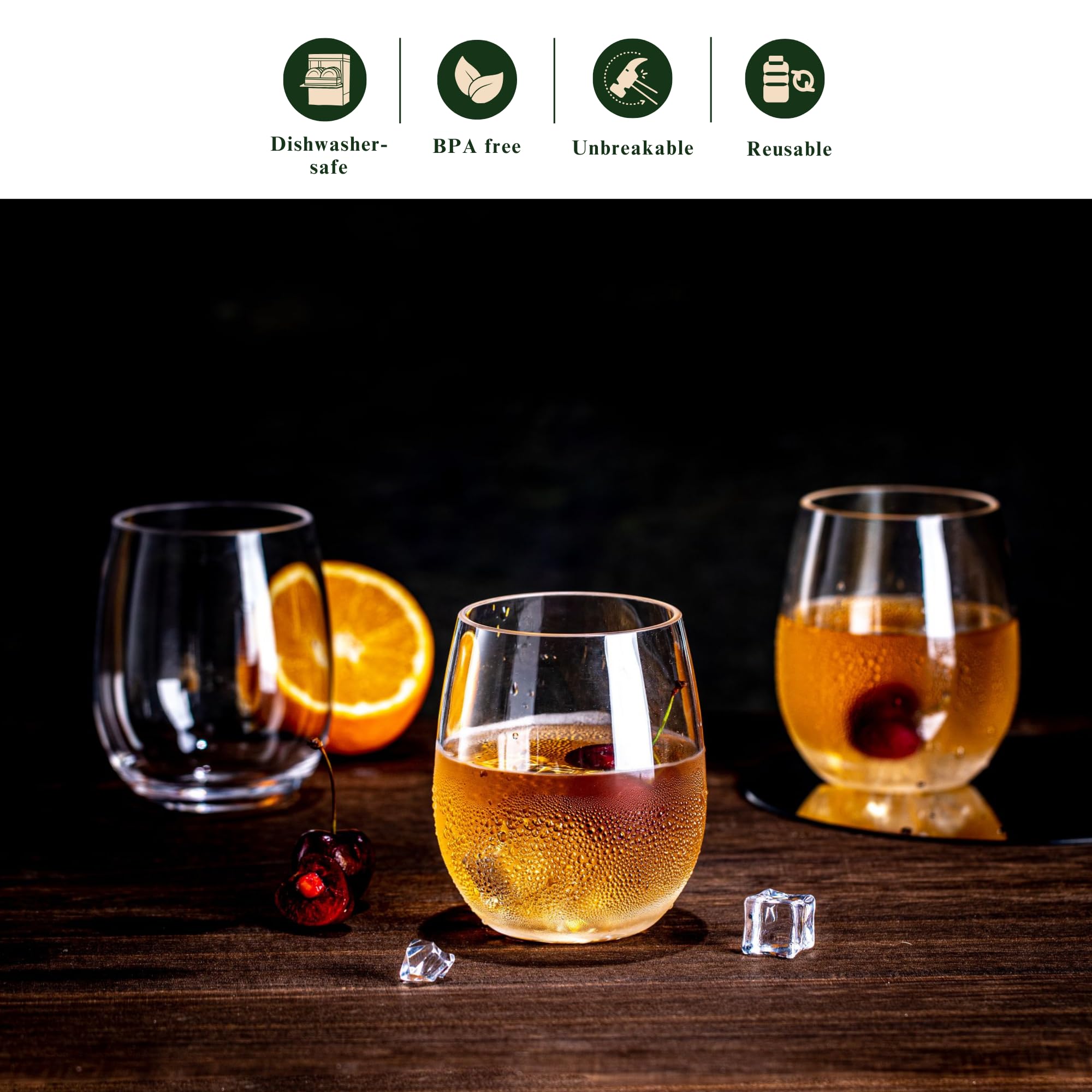 Vasos acrílicos irrompibles, sin BPA, vasos de vino sin tallo, juego de 8, vasos clásicos transparentes de 18 onzas